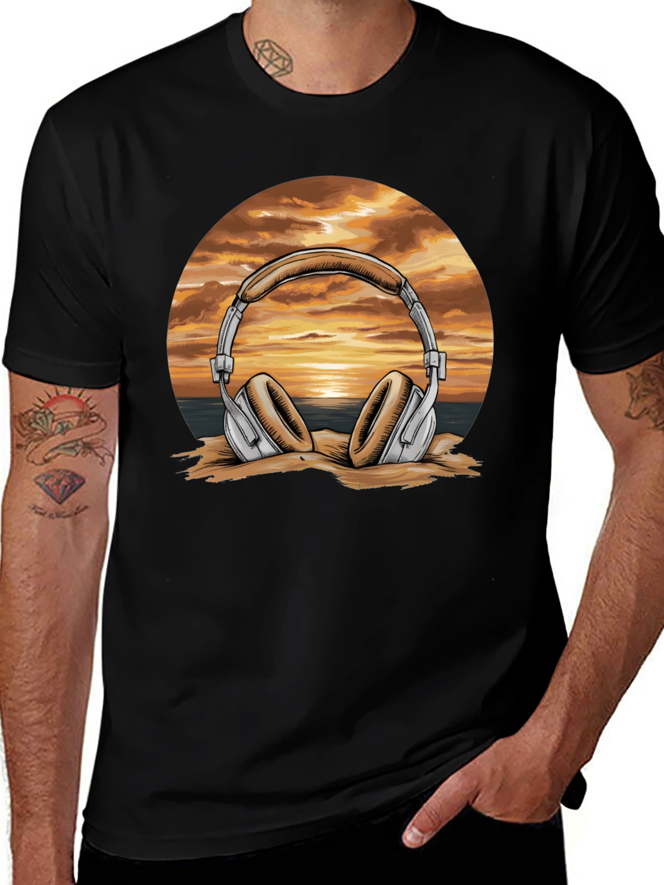 Sunset Headphones Graphic T-Shirt - Beach Vibes Music Tee