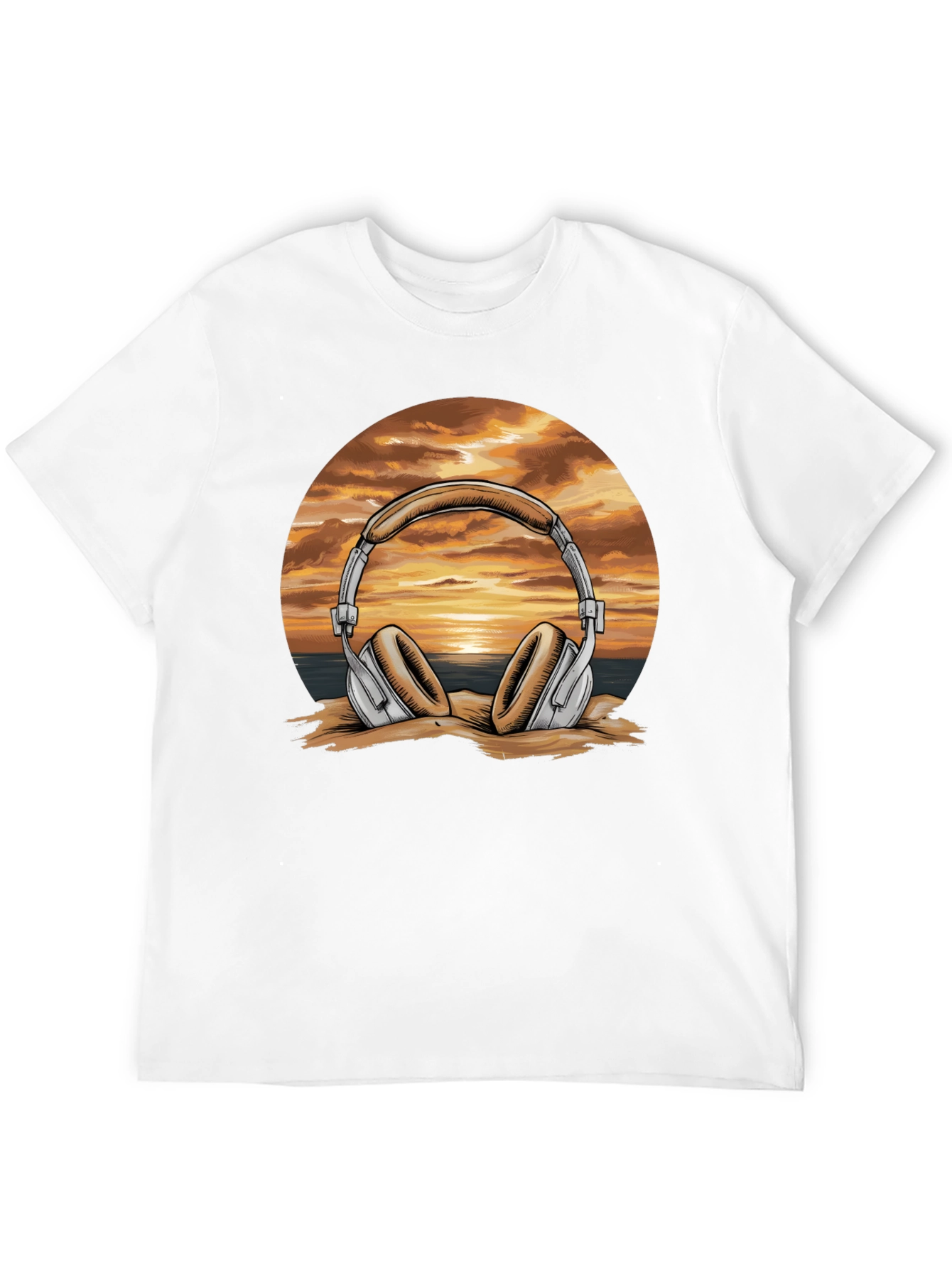 Sunset Headphones Graphic T-Shirt - Beach Vibes Music Tee