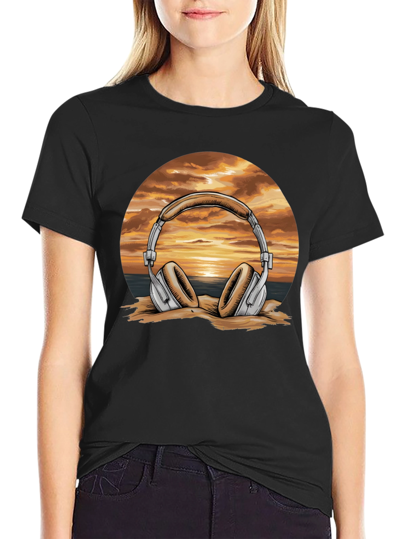 Sunset Headphones Graphic T-Shirt - Beach Vibes Music Tee
