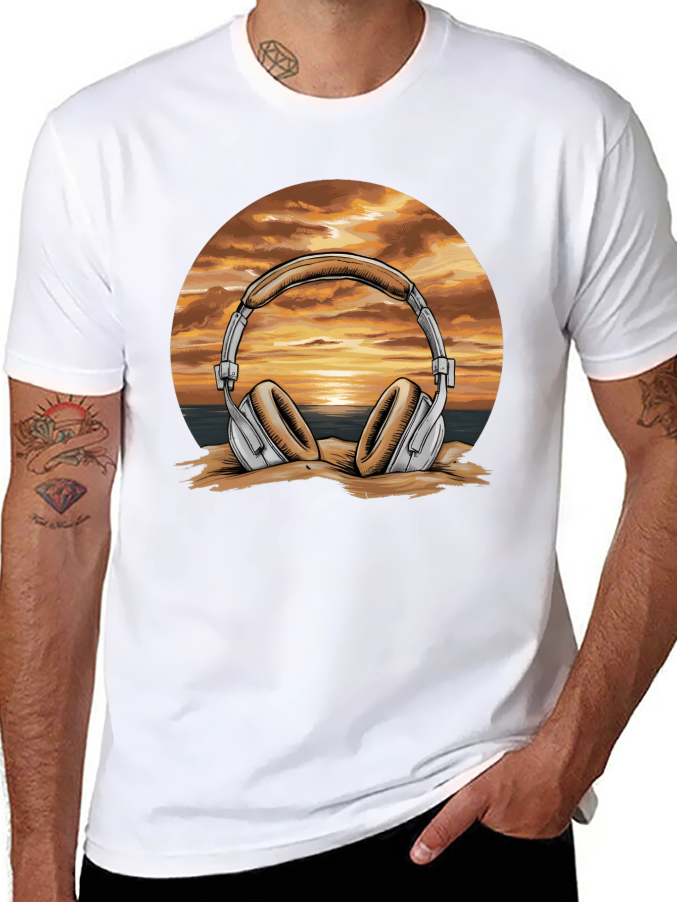 Sunset Headphones Graphic T-Shirt - Beach Vibes Music Tee