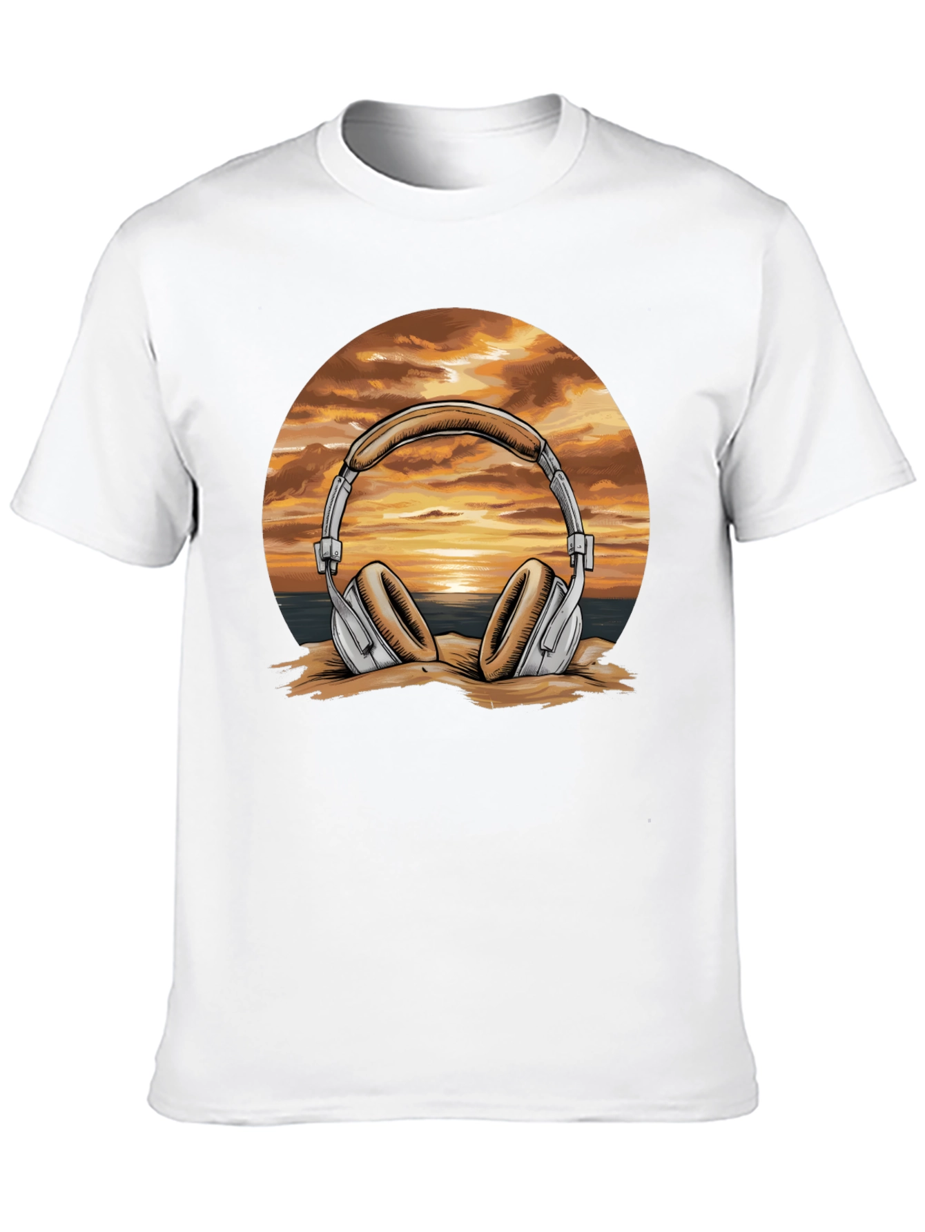 Sunset Headphones Graphic T-Shirt - Beach Vibes Music Tee