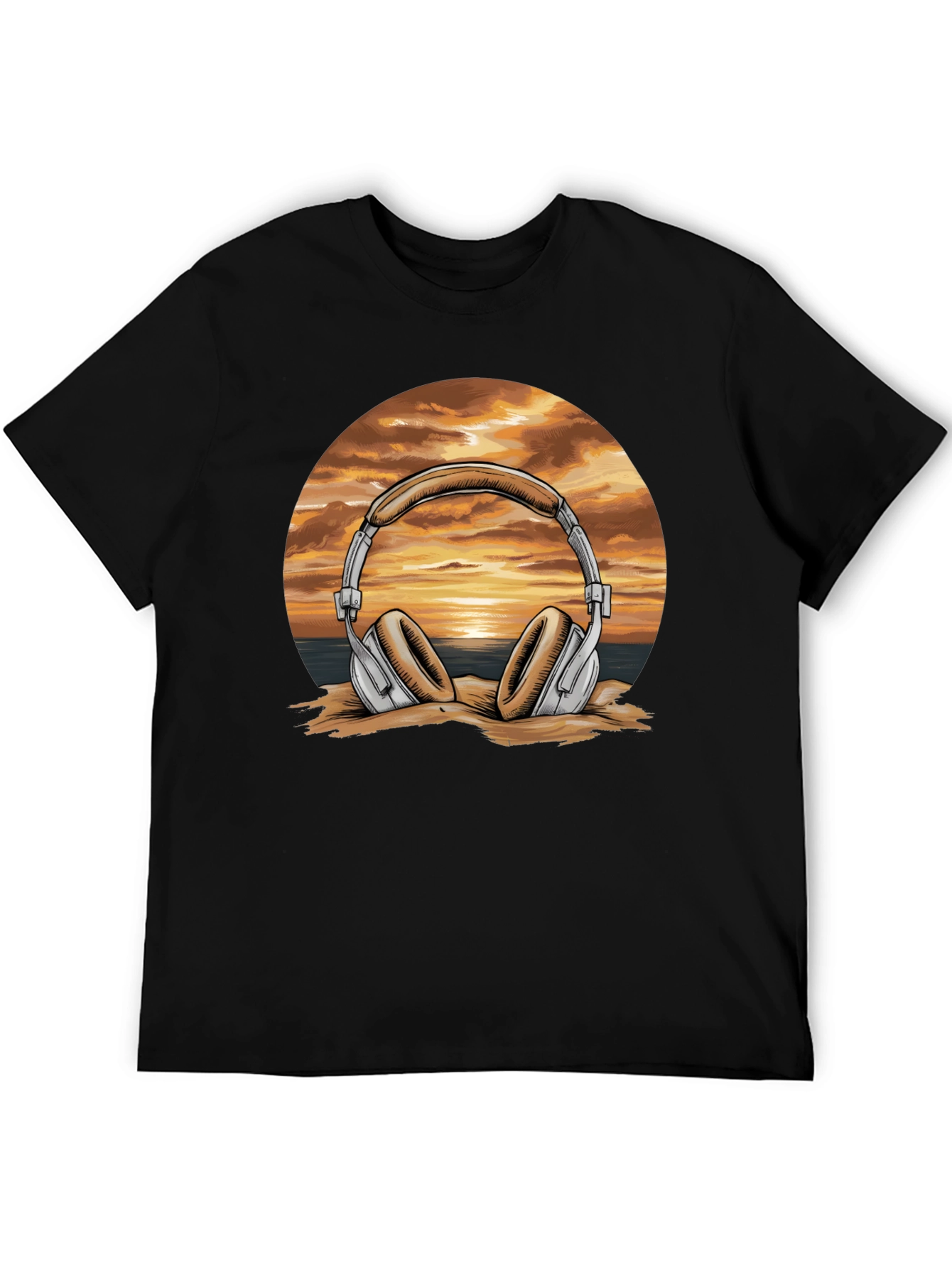 Sunset Headphones Graphic T-Shirt - Beach Vibes Music Tee