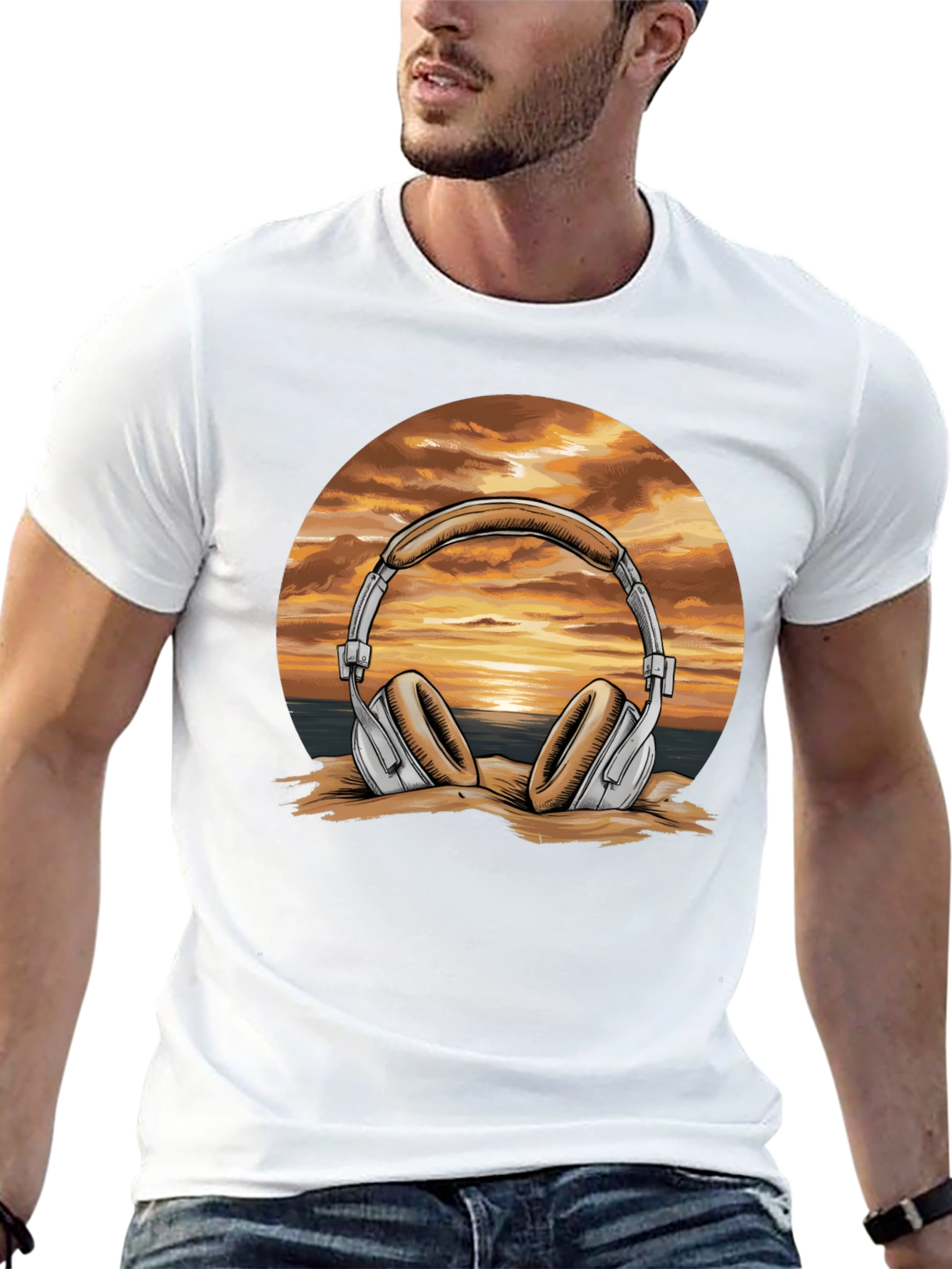 Sunset Headphones Graphic T-Shirt - Beach Vibes Music Tee