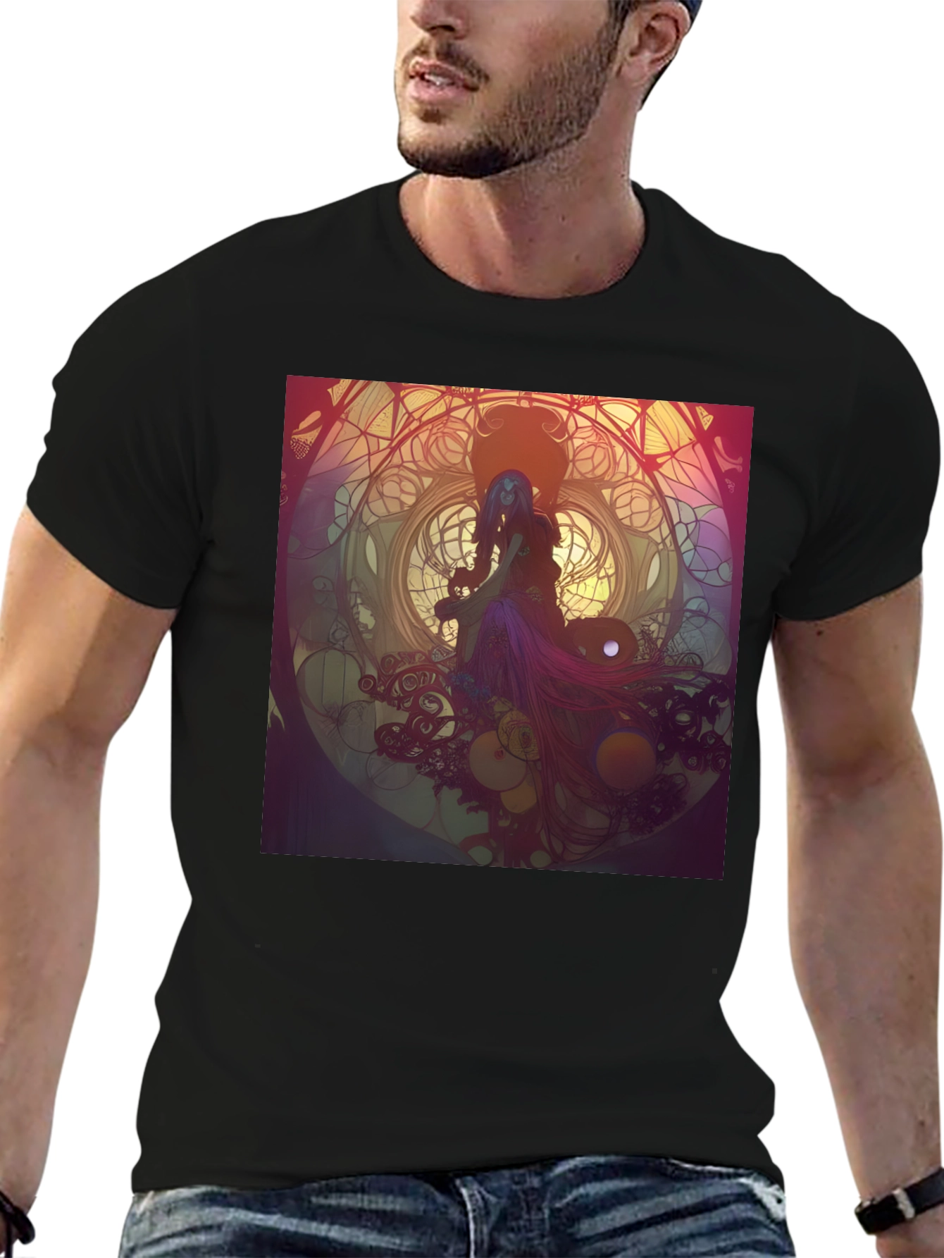 Black T-Shirt with Artistic Woman Design