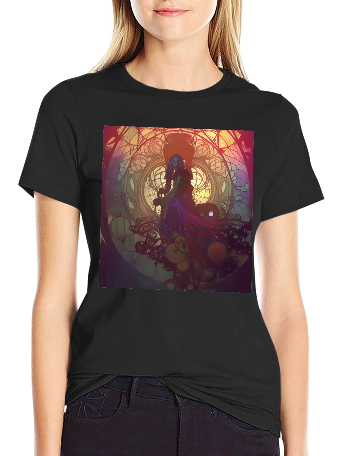 Black T-Shirt with Artistic Woman Design