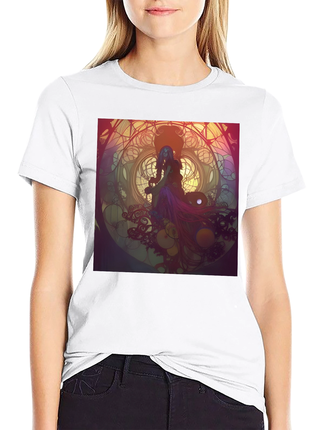 Black T-Shirt with Artistic Woman Design