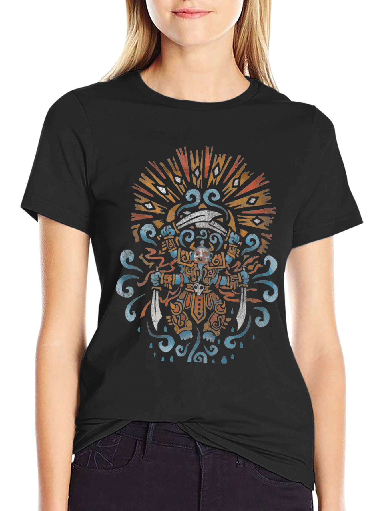 Aztec Warrior Graphic Tee - Black Crewneck T-Shirt