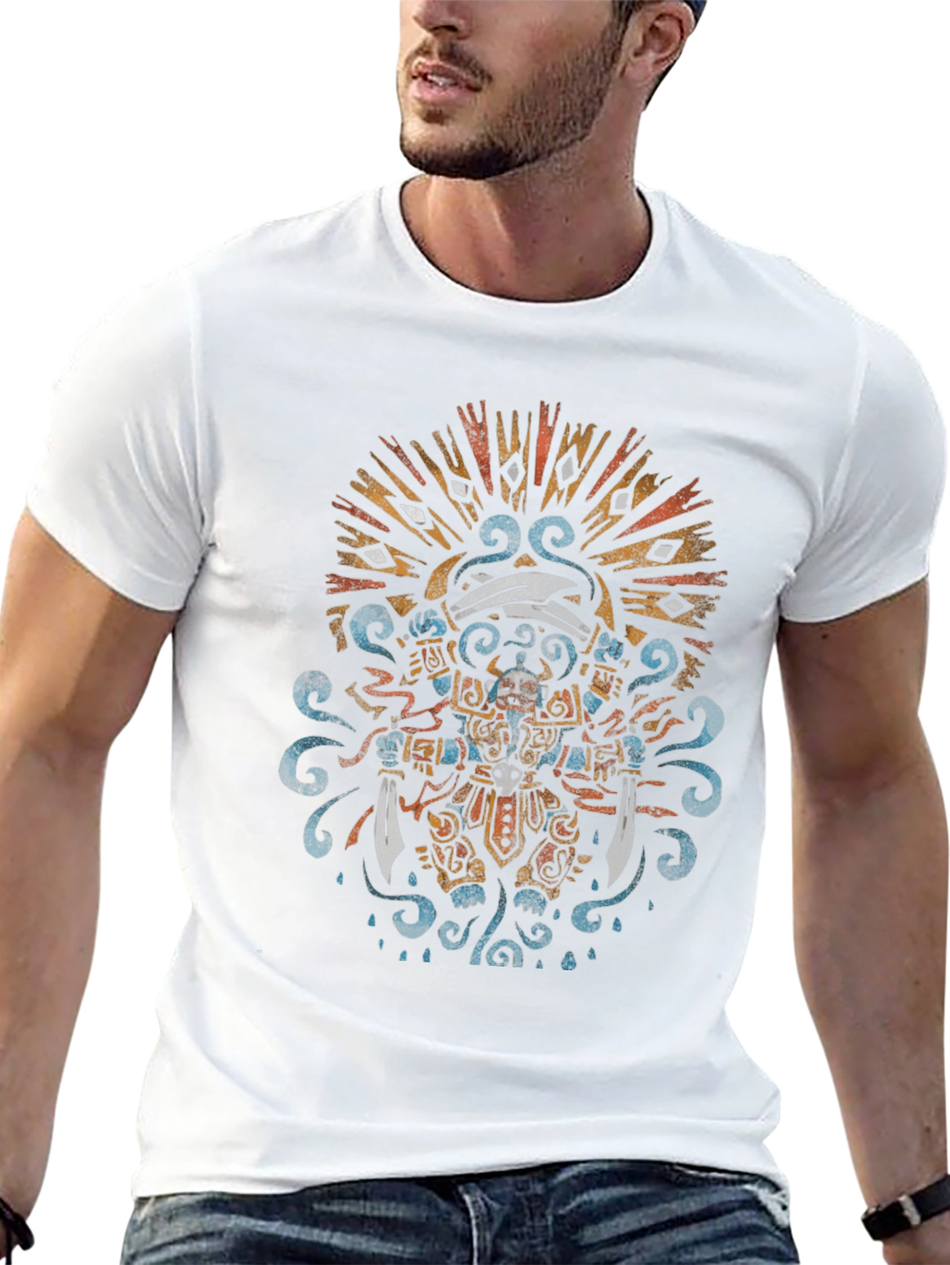 Aztec Warrior Graphic Tee - Black Crewneck T-Shirt