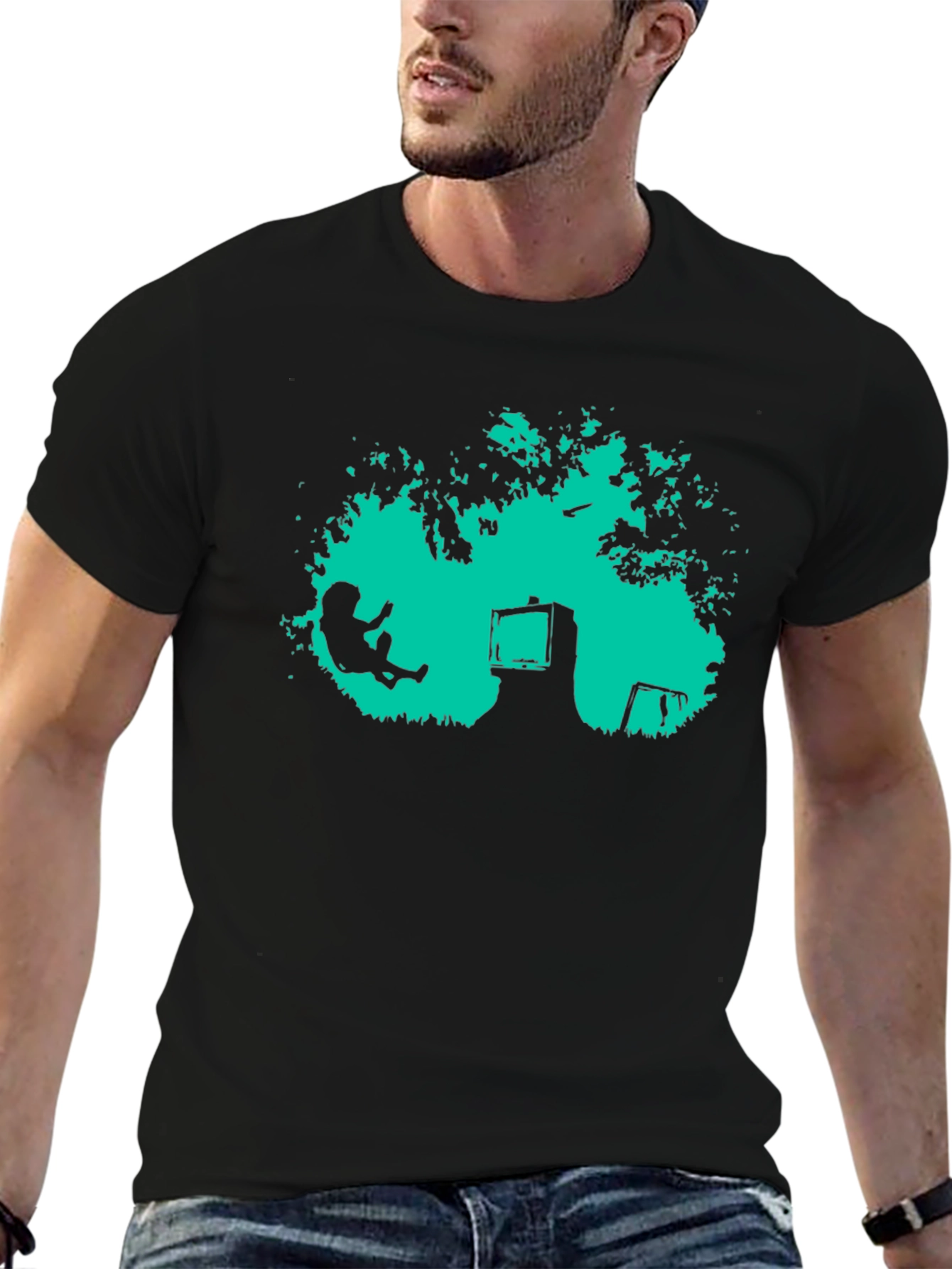 Retro TV Tree Swing Black T-Shirt