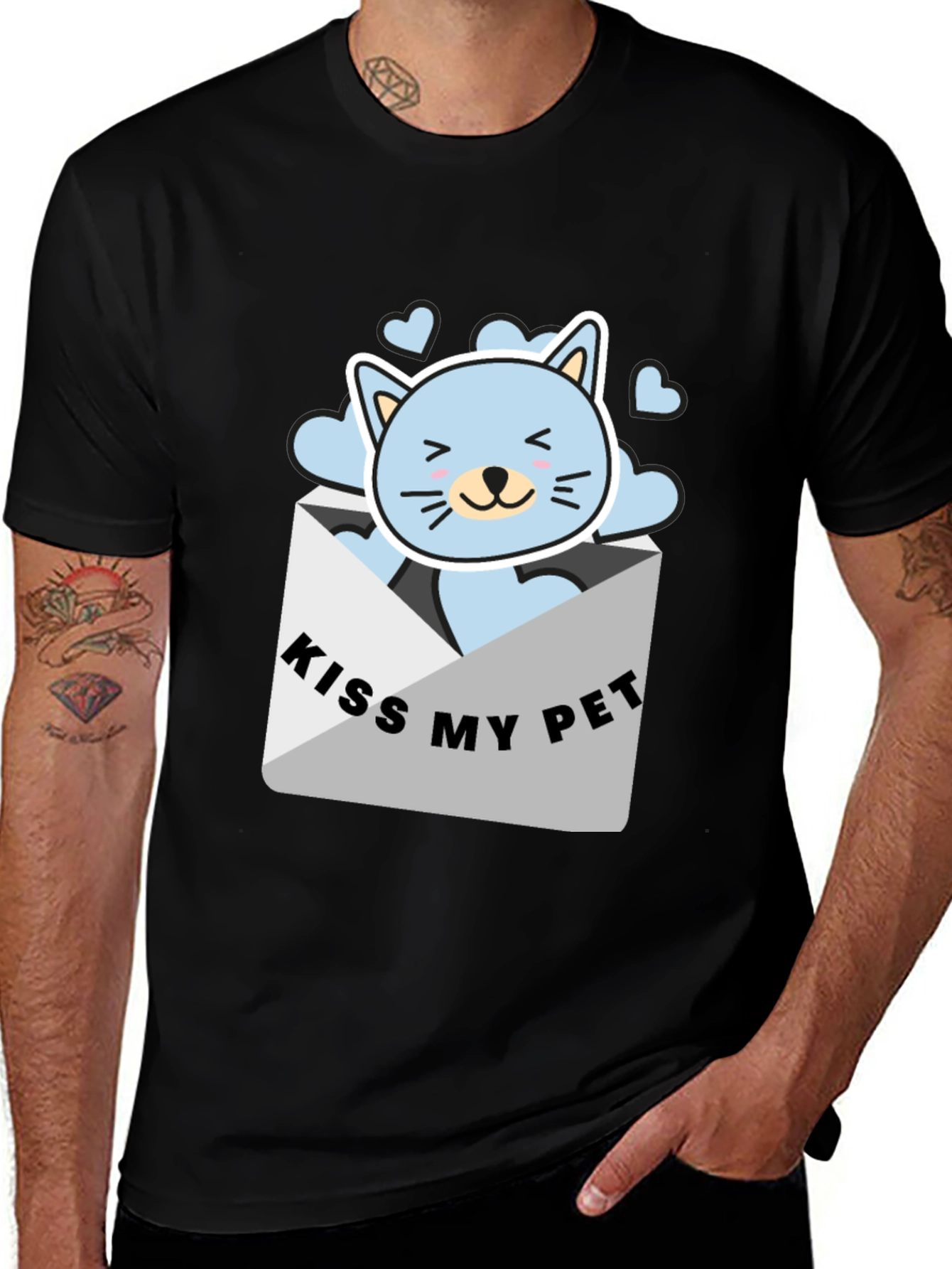 Kiss My Pet Black T-Shirt Cute Cat Design
