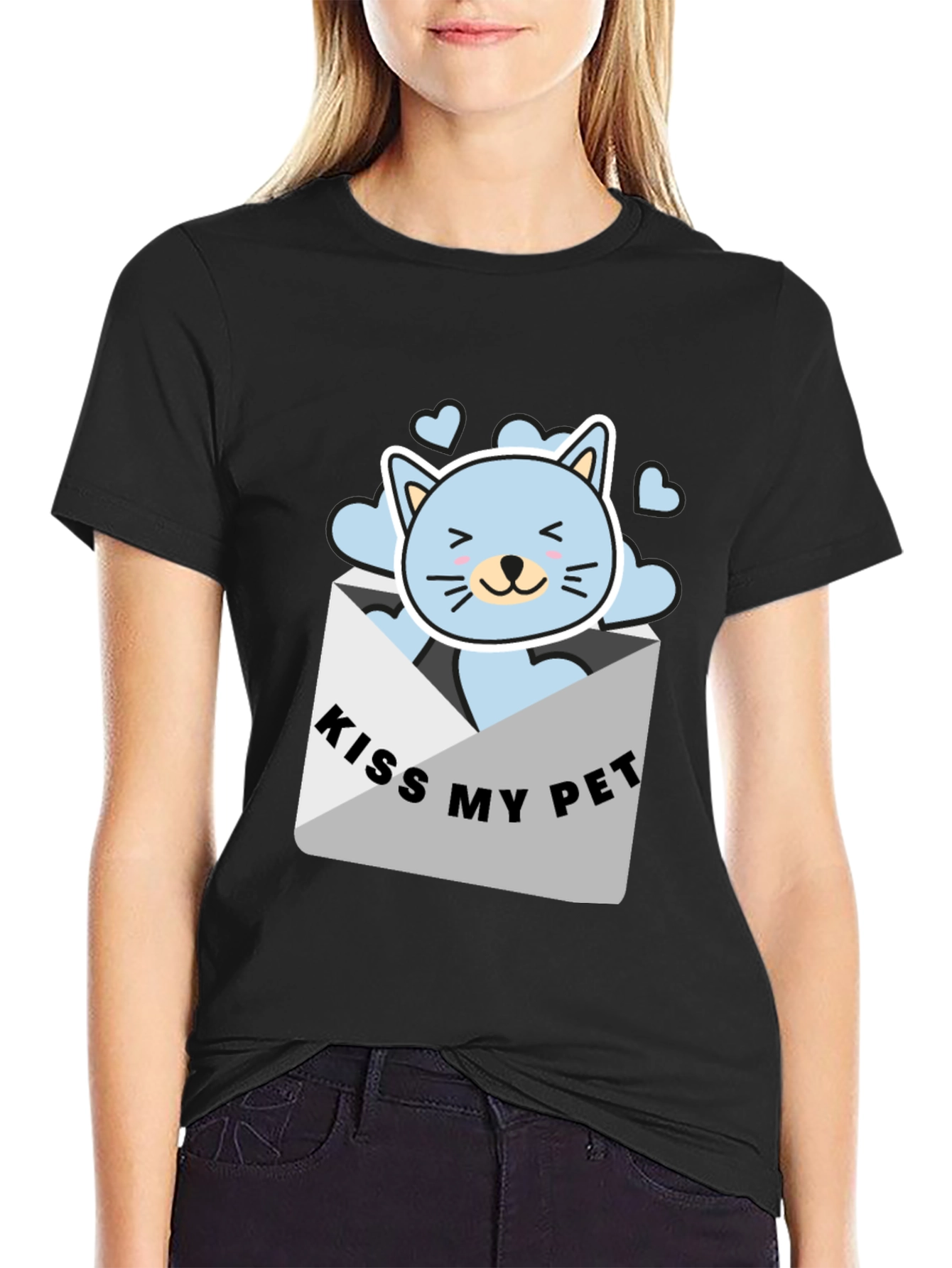 Kiss My Pet Black T-Shirt Cute Cat Design