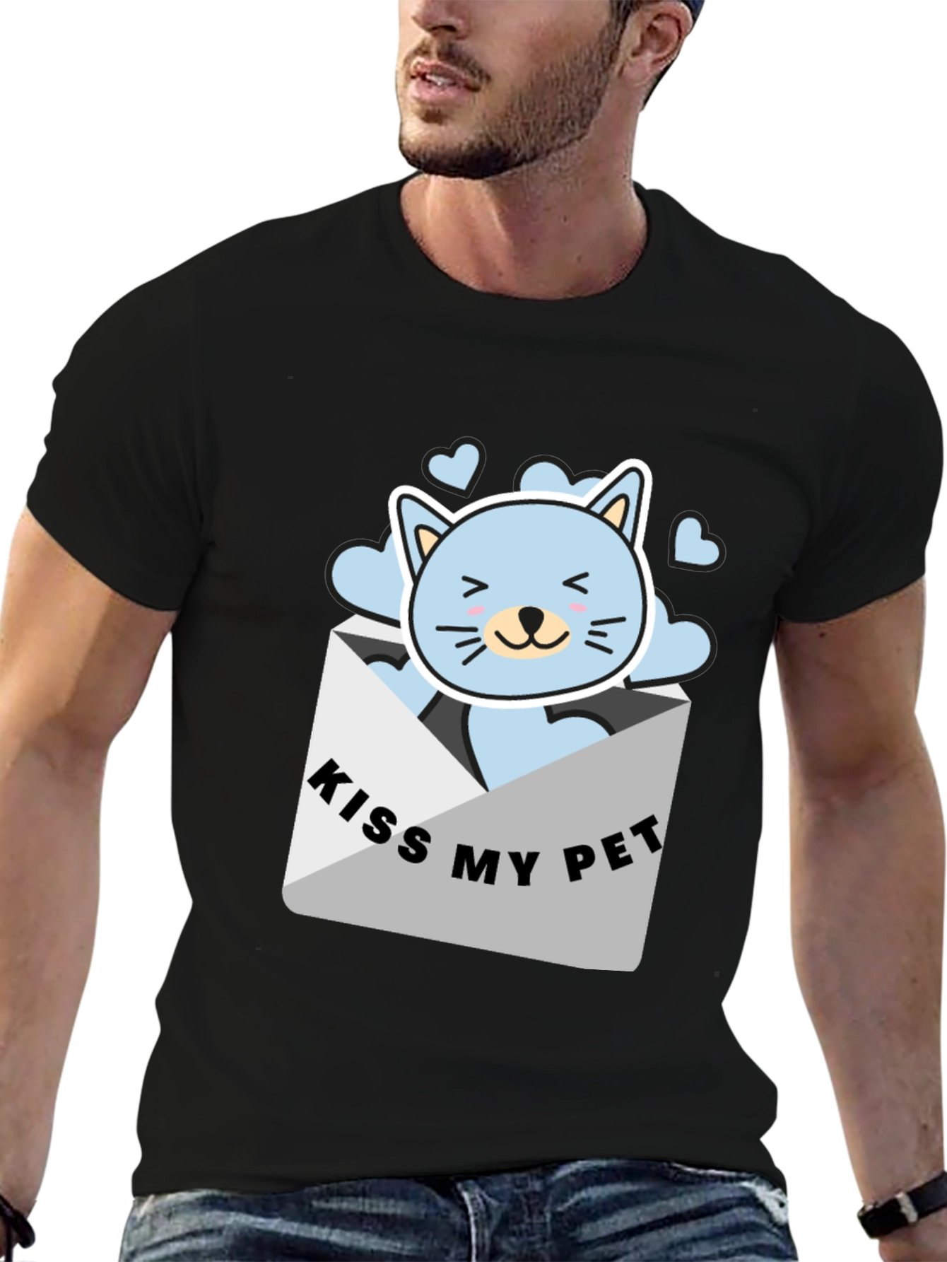 Kiss My Pet Black T-Shirt Cute Cat Design