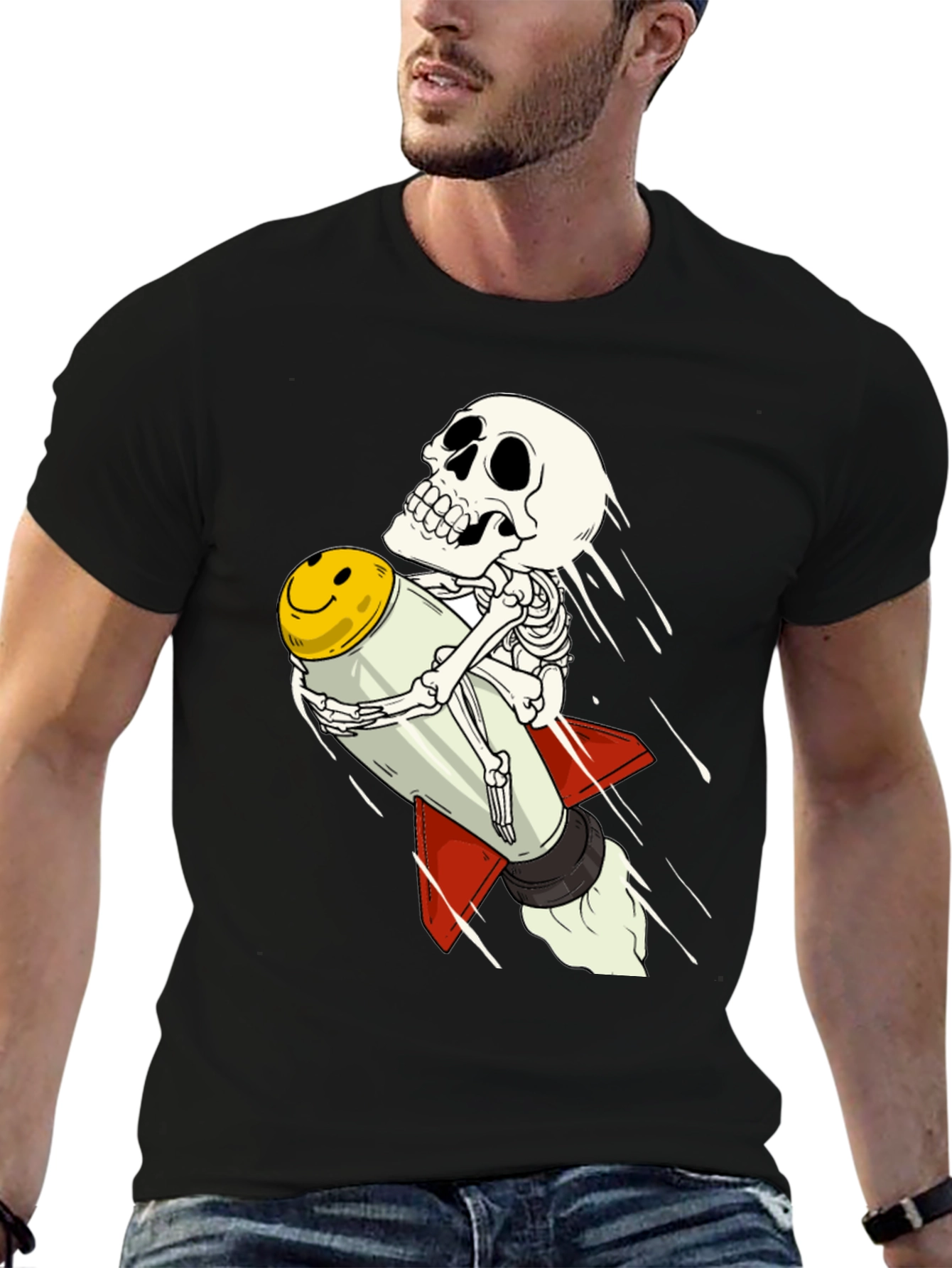 Skeleton Rocket Rider T-Shirt - Black Cotton Tee