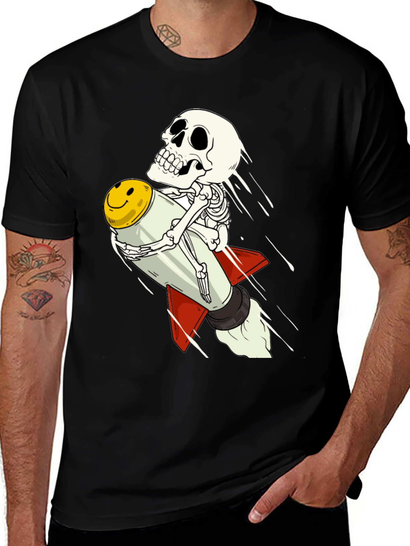 Skeleton Rocket Rider T-Shirt - Black Cotton Tee