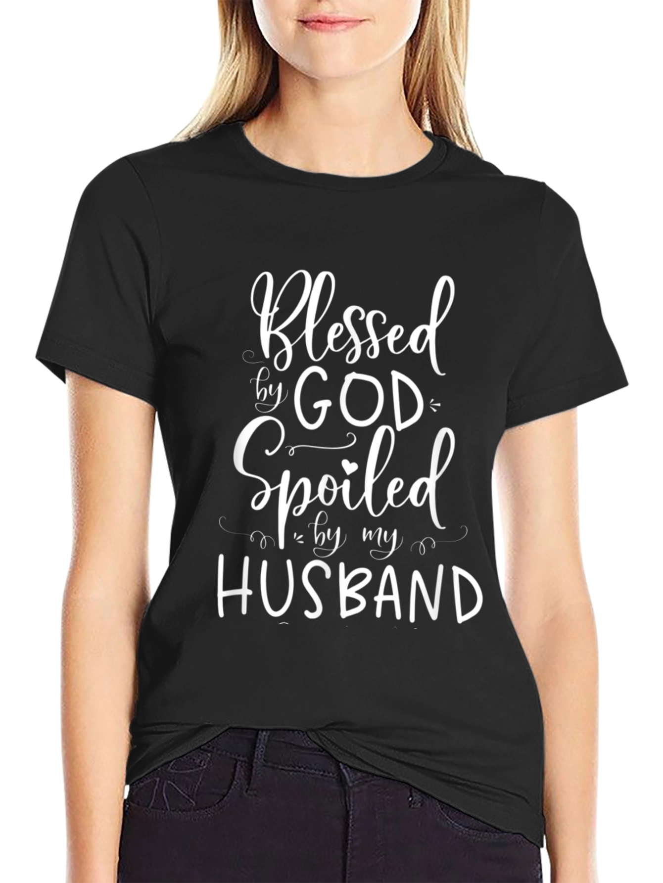 Blessed by God Spoiled by My Husband Black T-Shirt