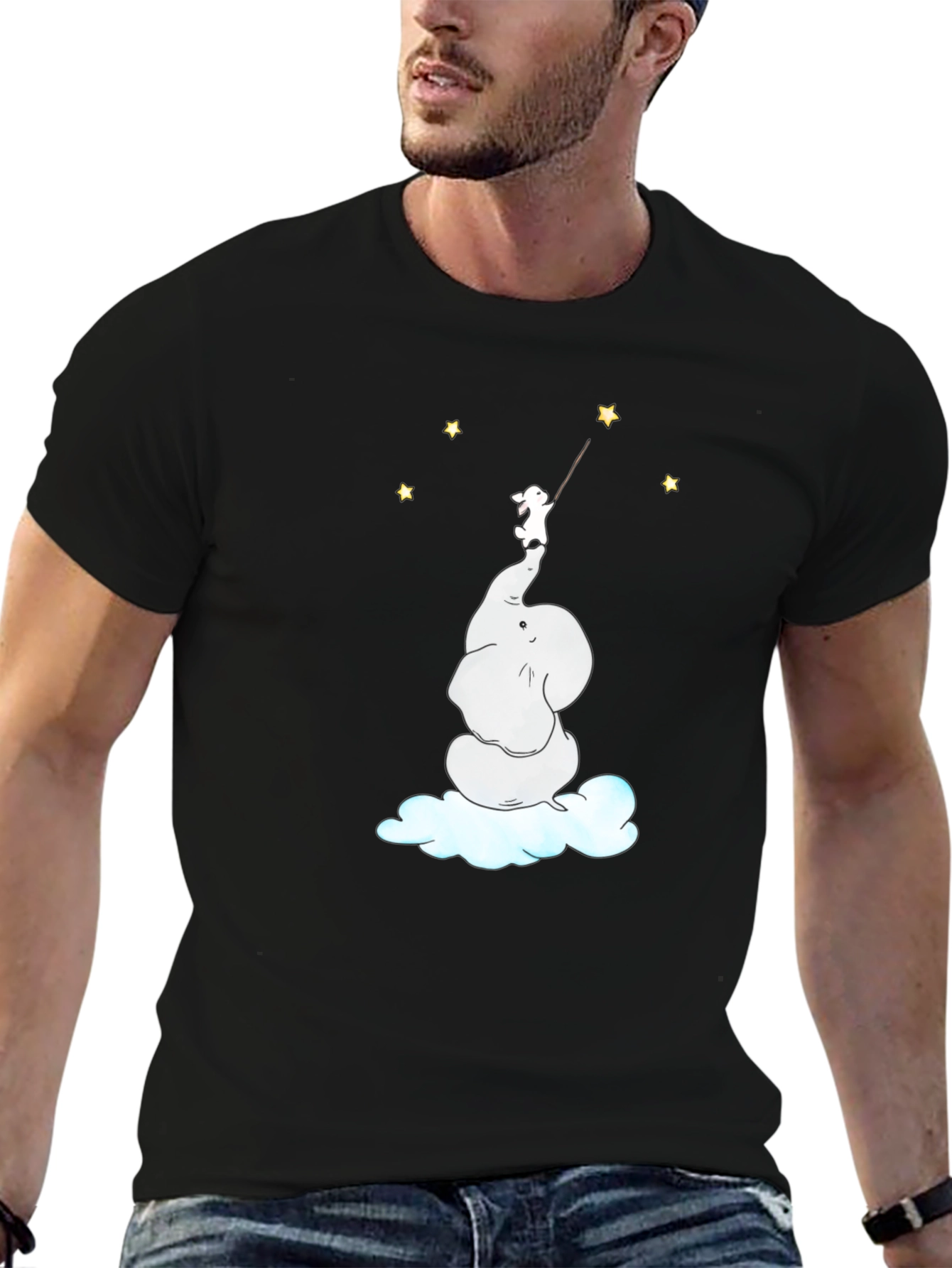 Dreamy Elephant & Bunny Star Reach Black T-Shirt