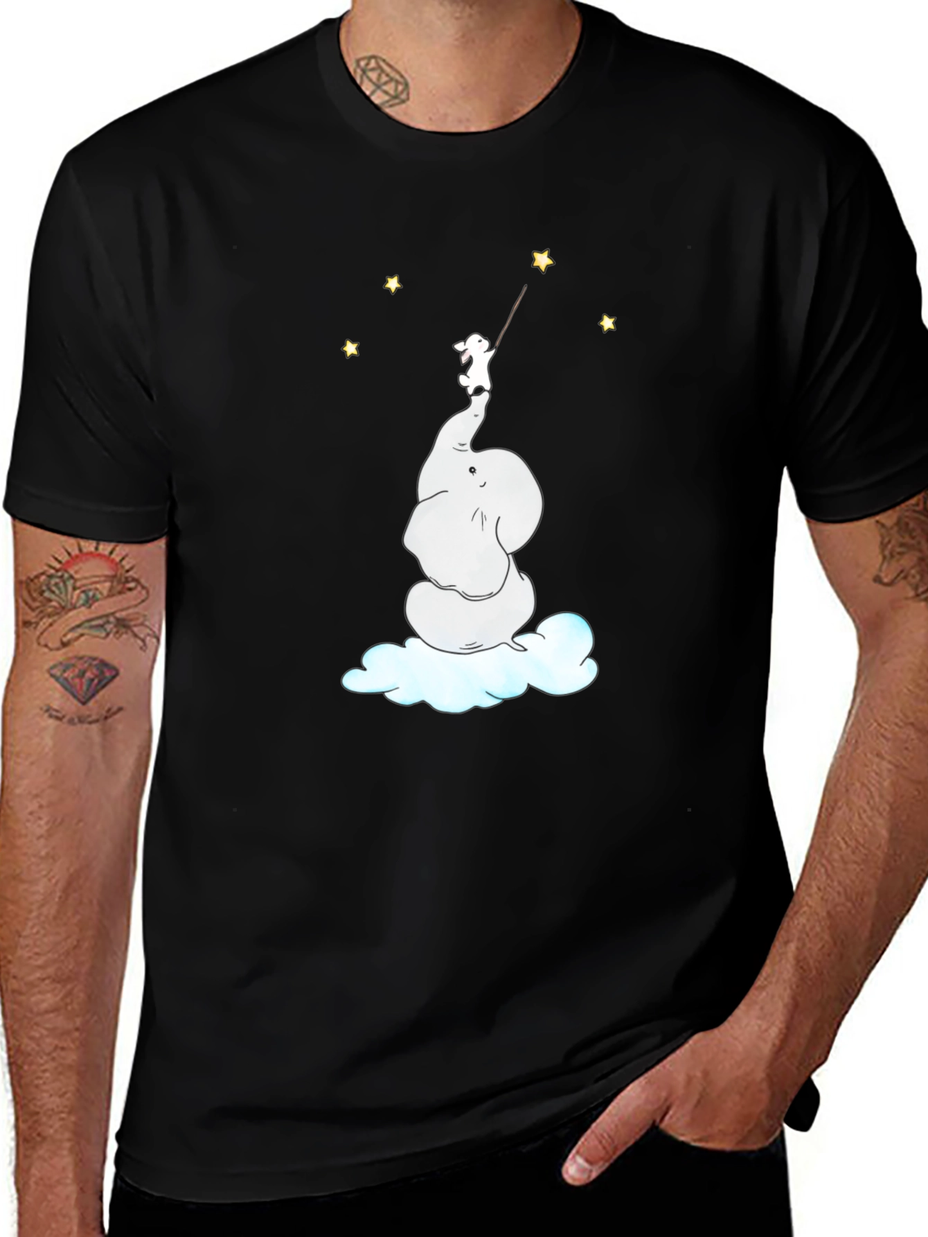 Dreamy Elephant & Bunny Star Reach Black T-Shirt