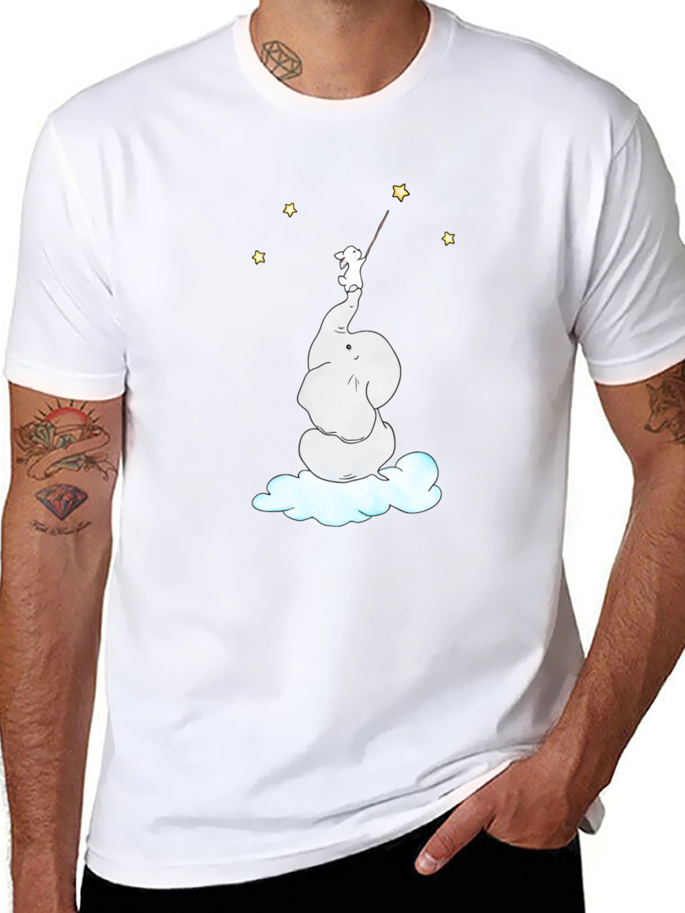 Dreamy Elephant & Bunny Star Reach Black T-Shirt