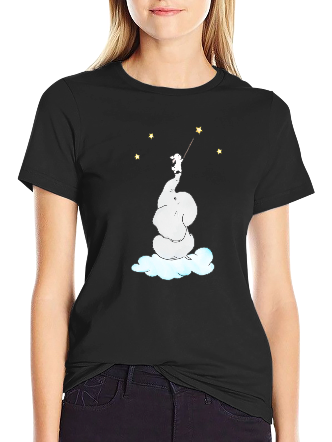 Dreamy Elephant & Bunny Star Reach Black T-Shirt