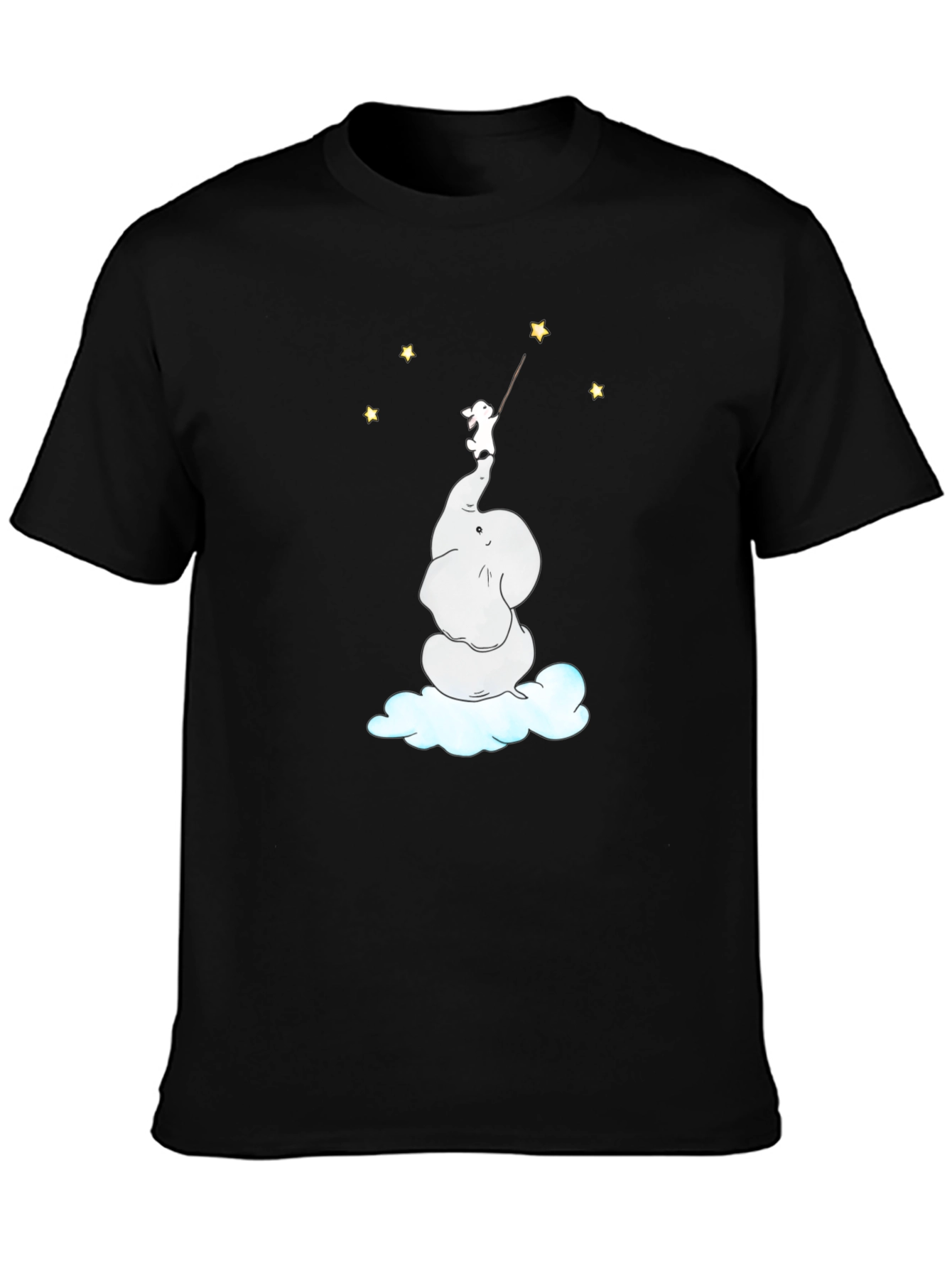 Dreamy Elephant & Bunny Star Reach Black T-Shirt