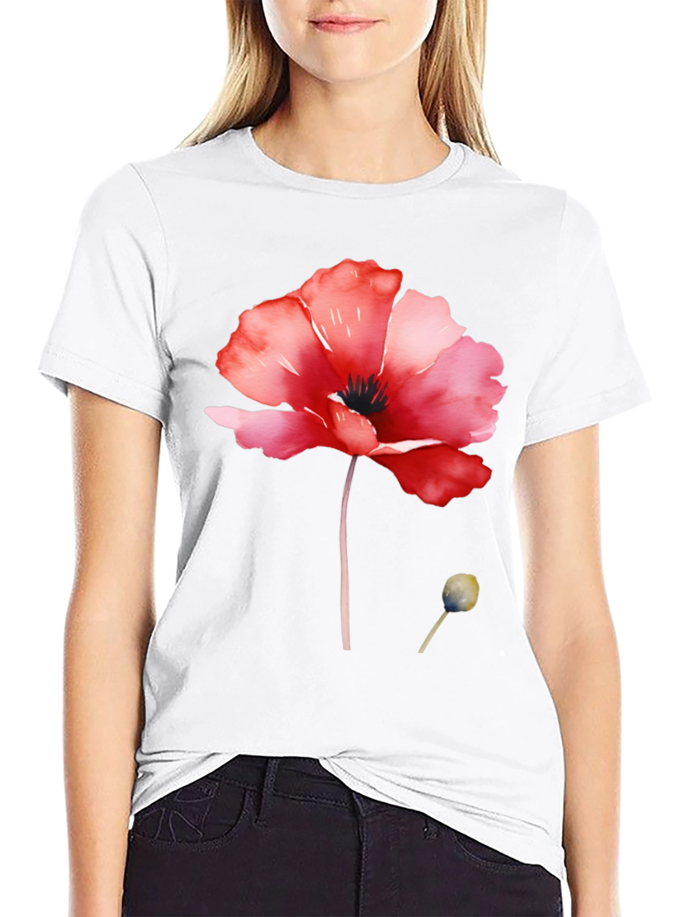 Floral Poppy T-Shirt - Black Cotton Tee