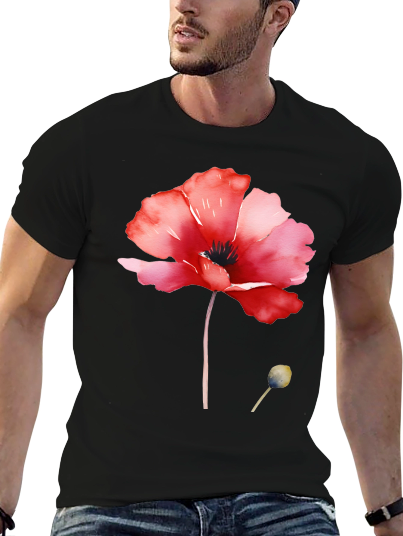 Floral Poppy T-Shirt - Black Cotton Tee