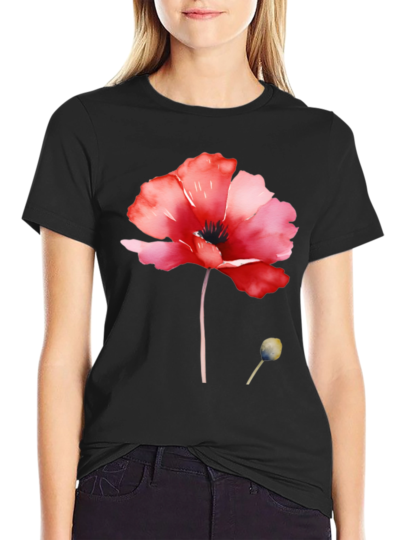 Floral Poppy T-Shirt - Black Cotton Tee