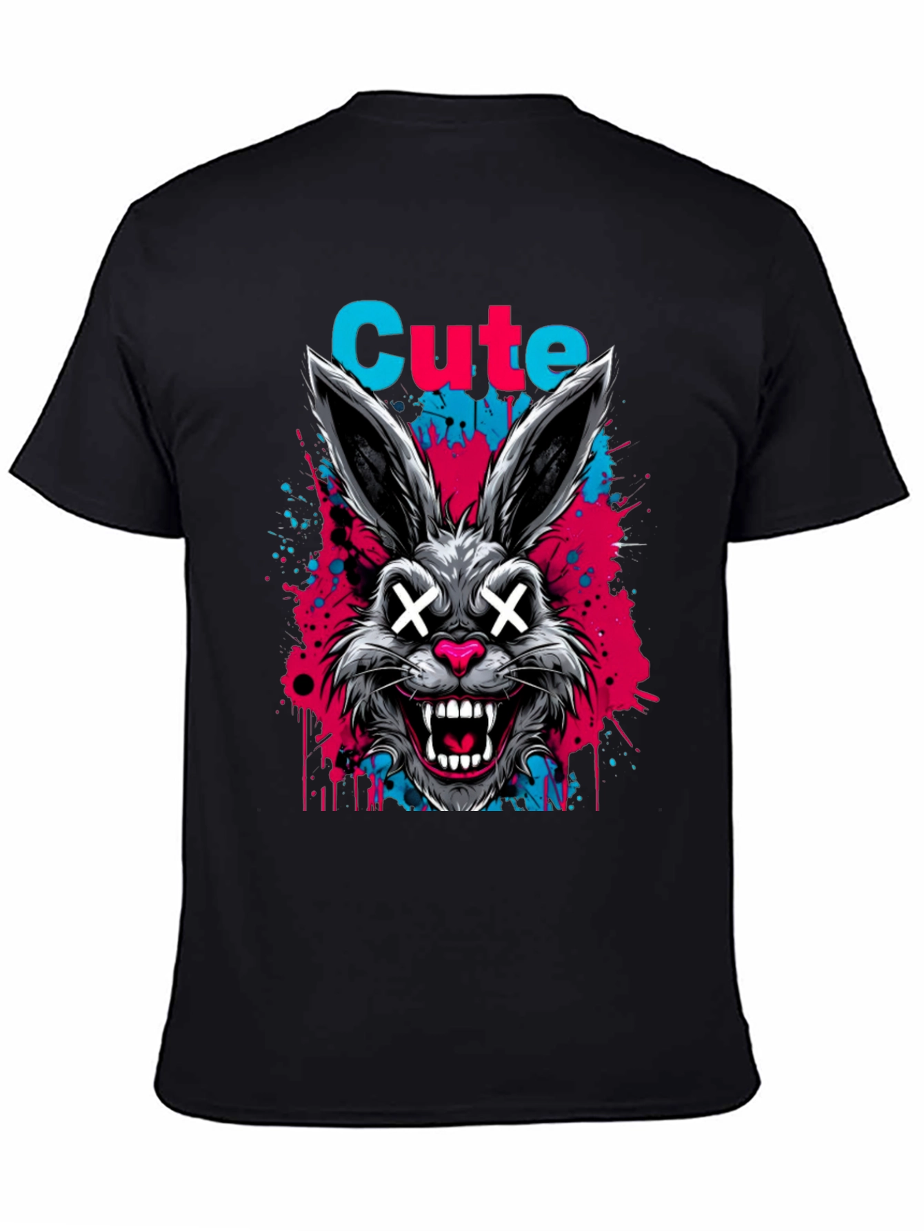Cute Scary Rabbit Graphic Black T-Shirt