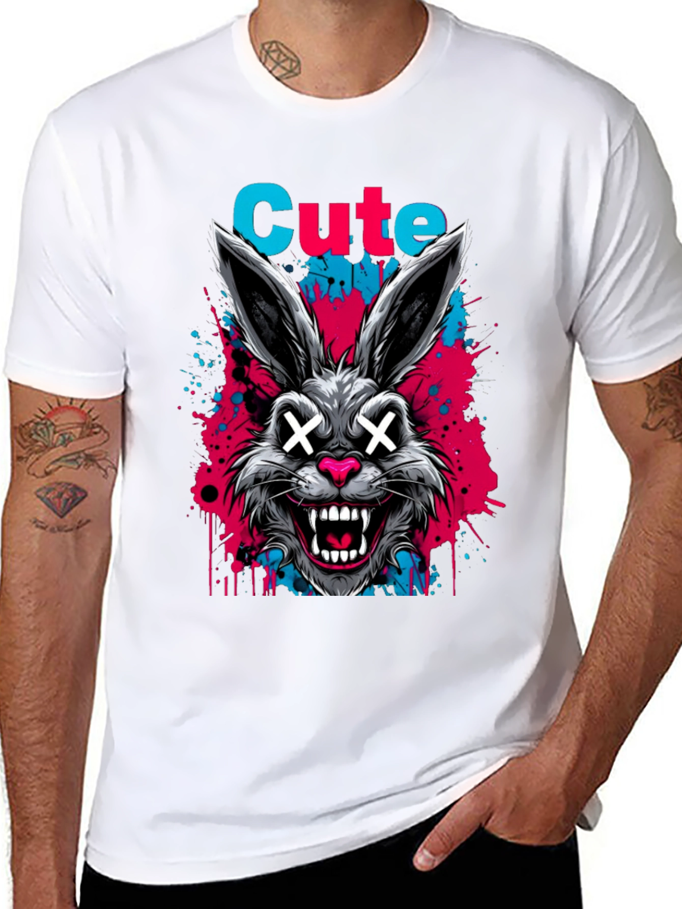 Cute Scary Rabbit Graphic Black T-Shirt
