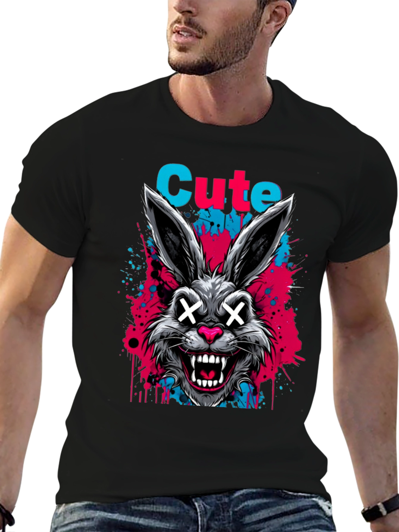 Cute Scary Rabbit Graphic Black T-Shirt