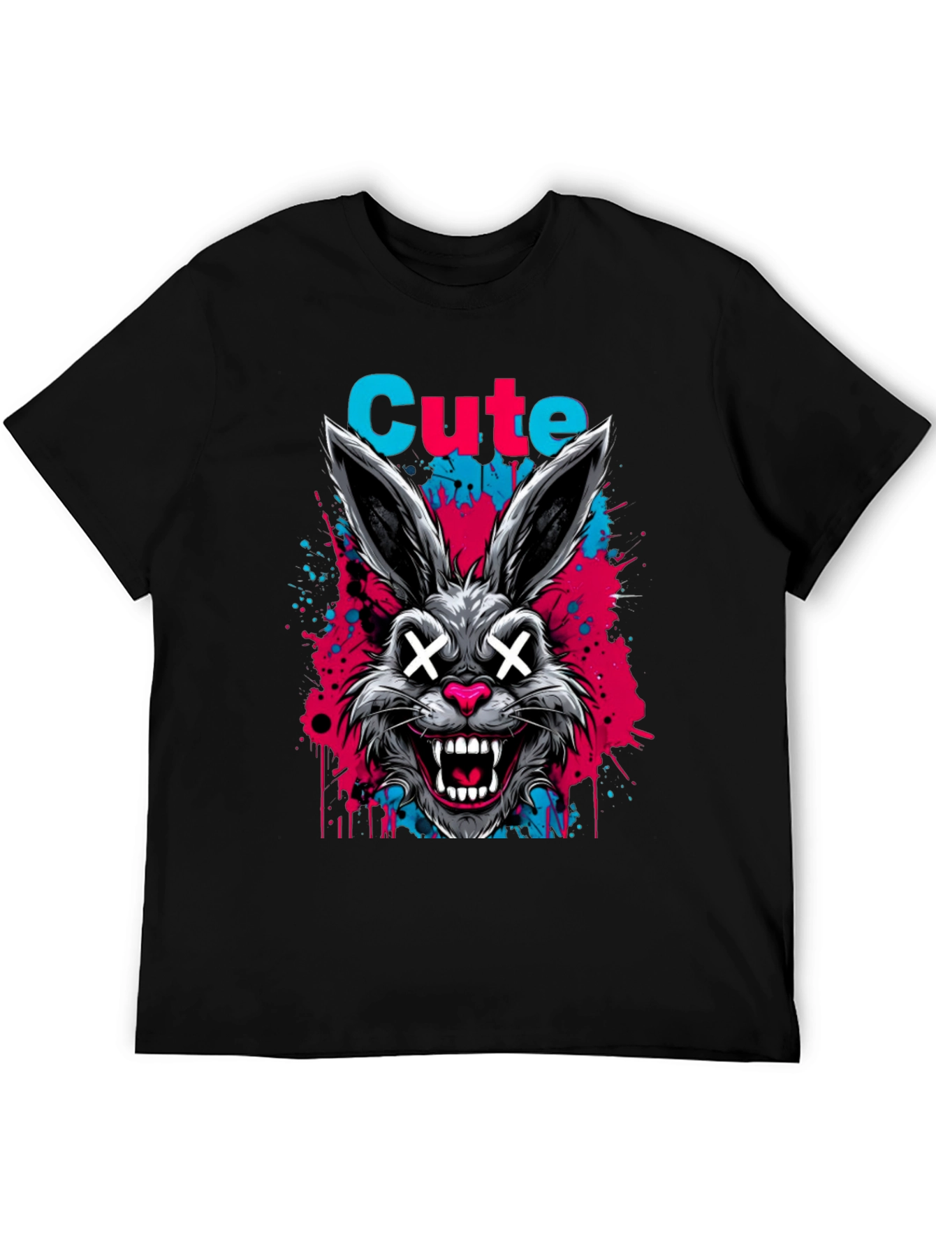 Cute Scary Rabbit Graphic Black T-Shirt