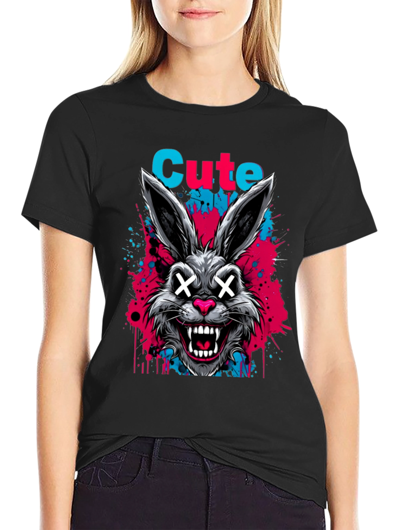 Cute Scary Rabbit Graphic Black T-Shirt