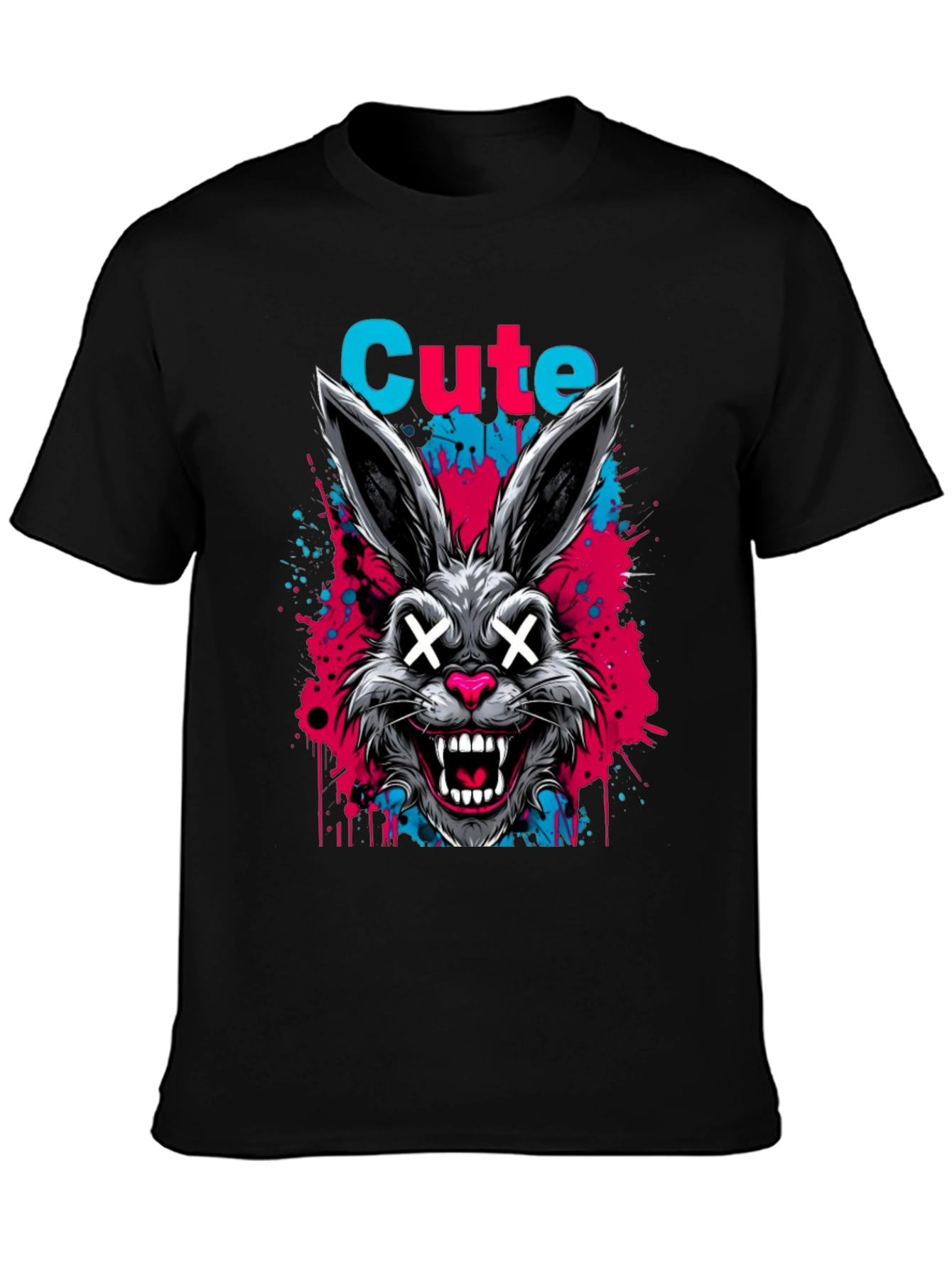 Cute Scary Rabbit Graphic Black T-Shirt