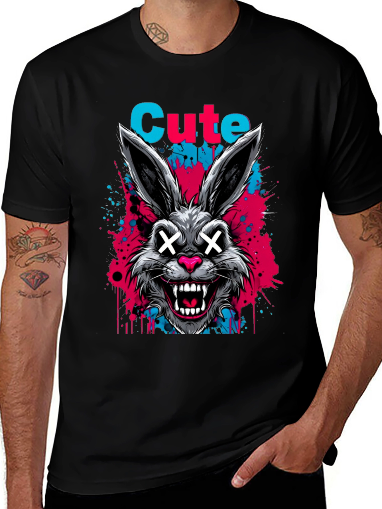 Cute Scary Rabbit Graphic Black T-Shirt