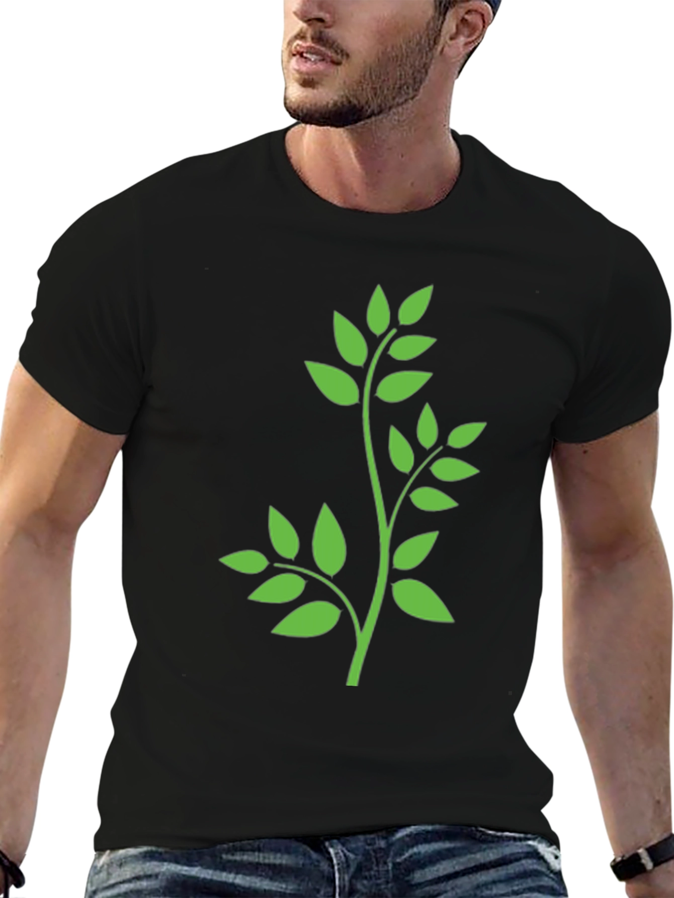 Leaf Design T-Shirt - Black Cotton Tee