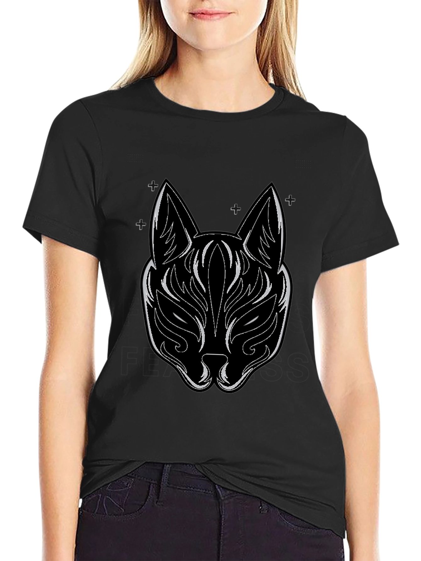 Mens Black T-Shirt with Kitsune Mask Design