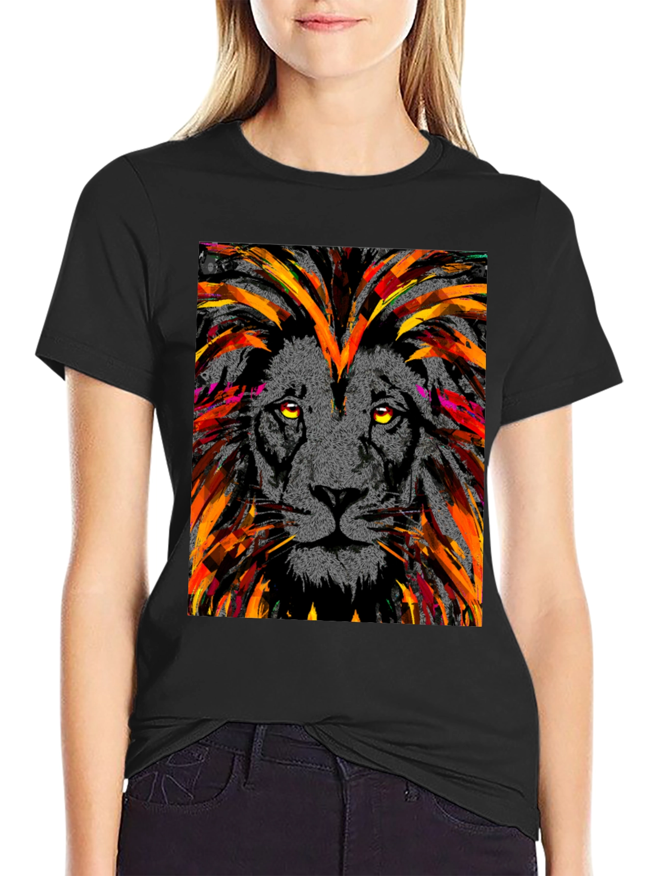 Lion Art Graphic Print Black T-Shirt