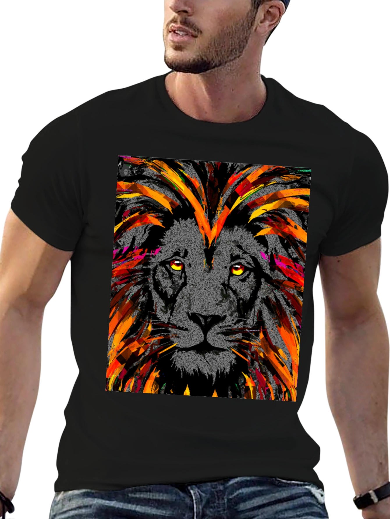 Lion Art Graphic Print Black T-Shirt
