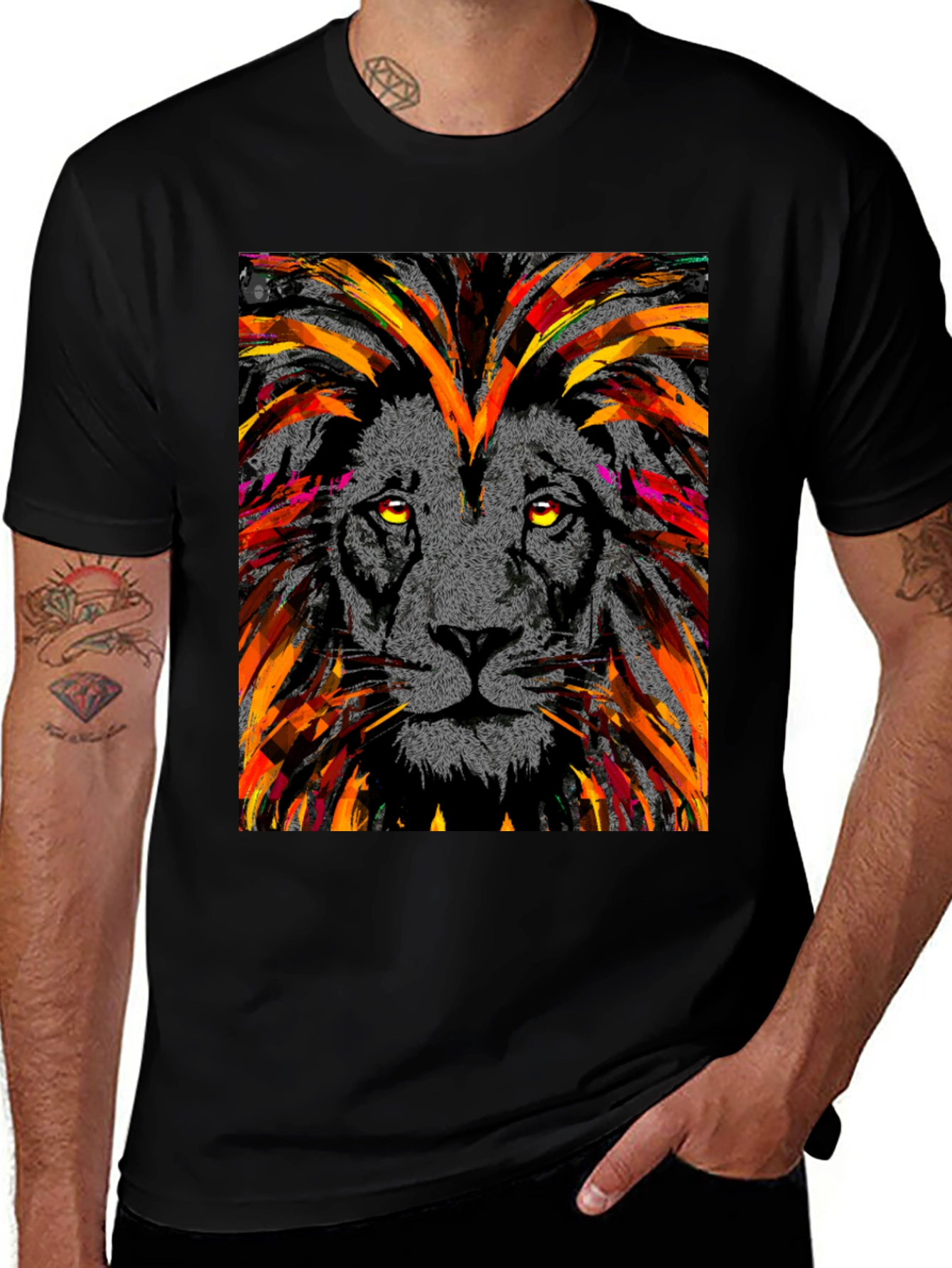 Lion Art Graphic Print Black T-Shirt