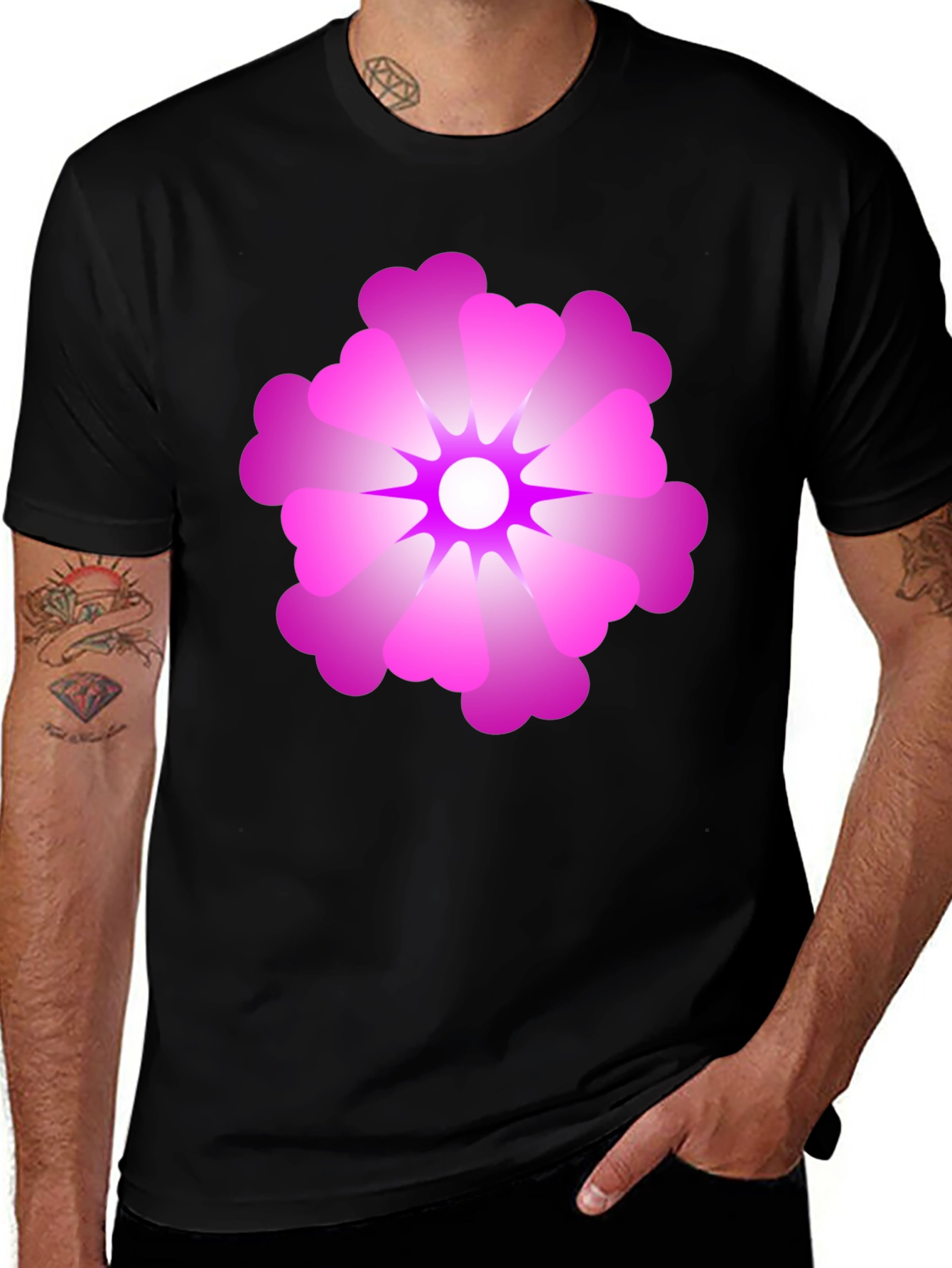 Black T-Shirt with Pink Flower Graphic