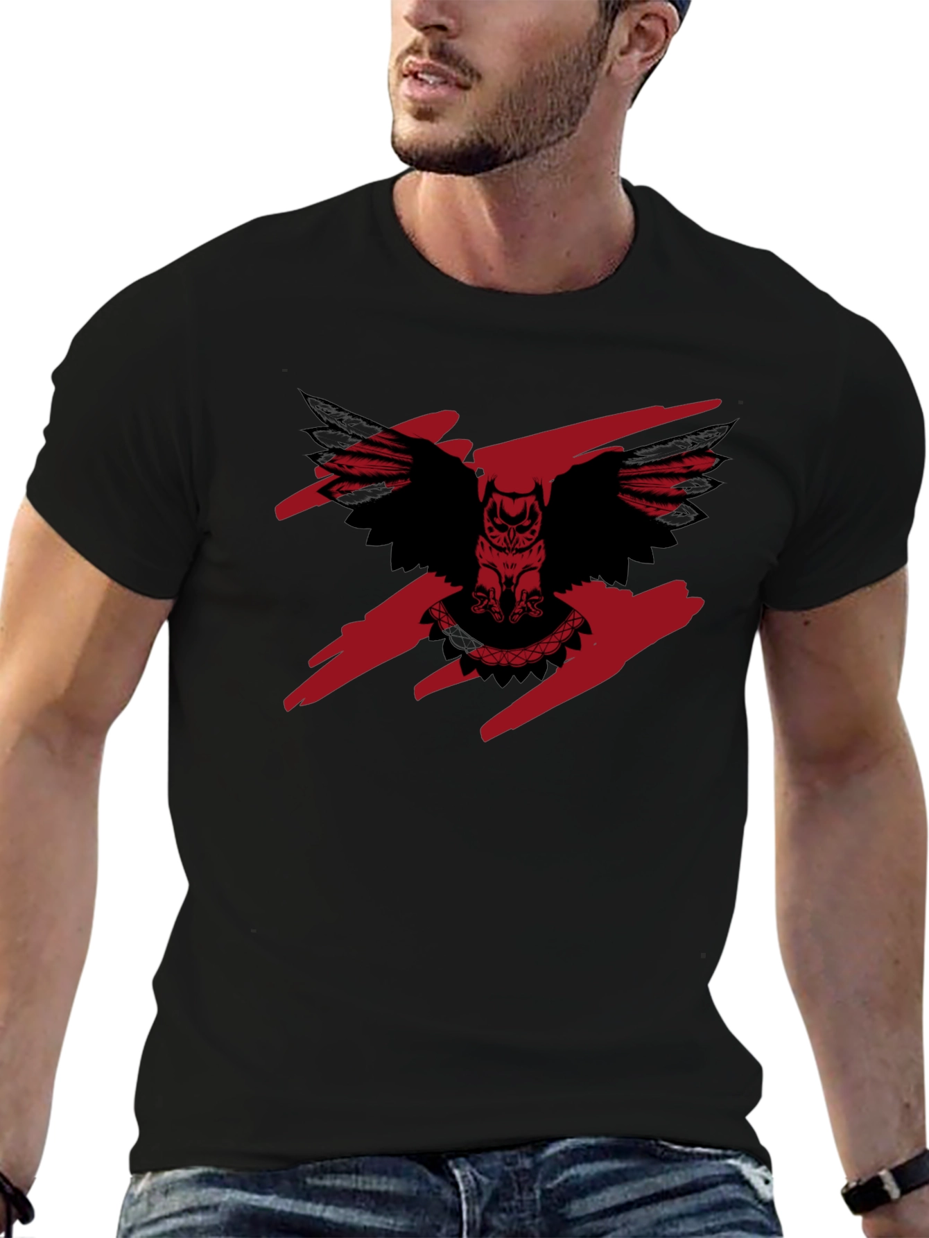 Mens Black T-Shirt with Owl Graphic Print
