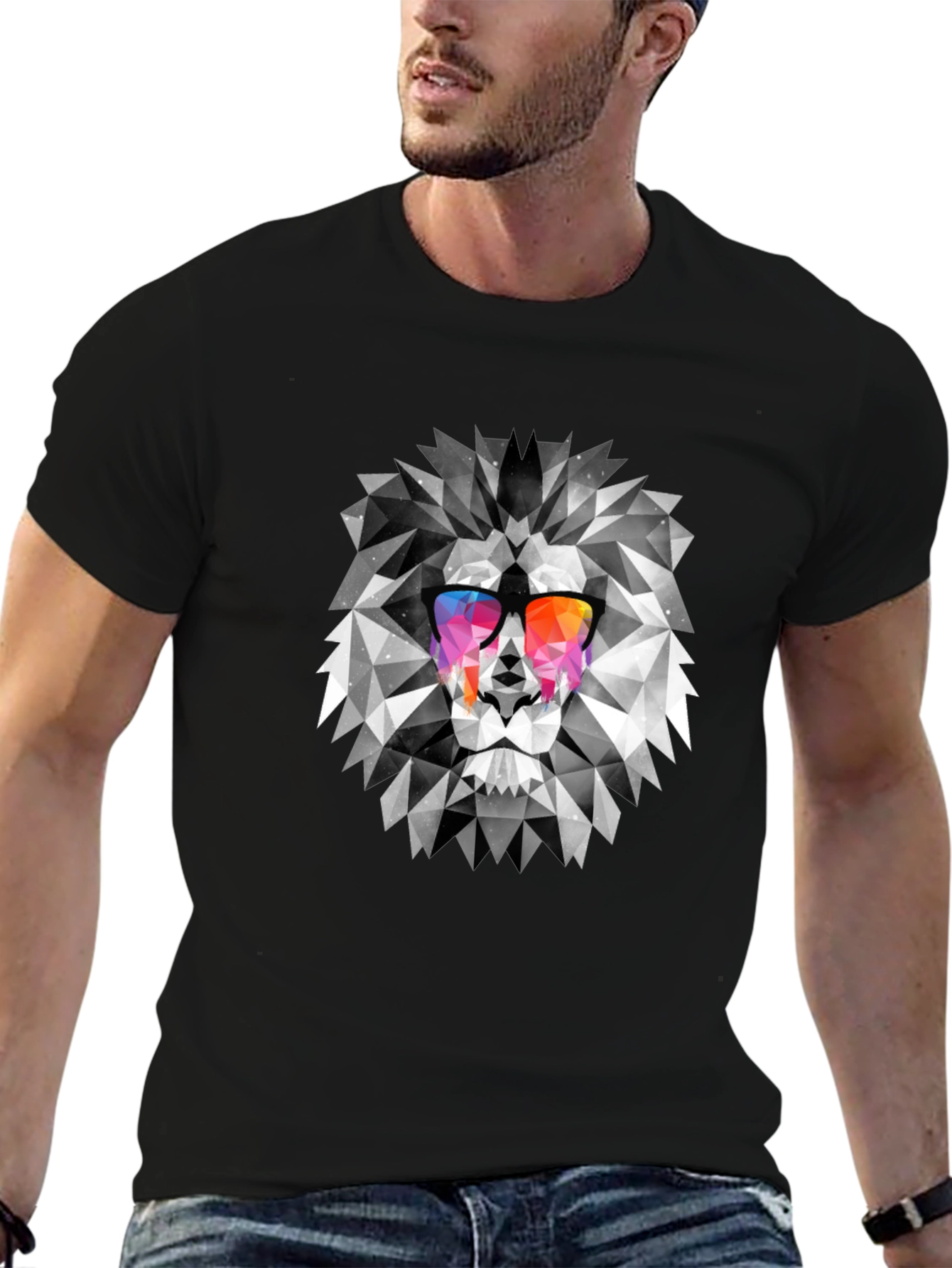 Geometric Lion Graphic Tee - Cool Mens Black T-Shirt