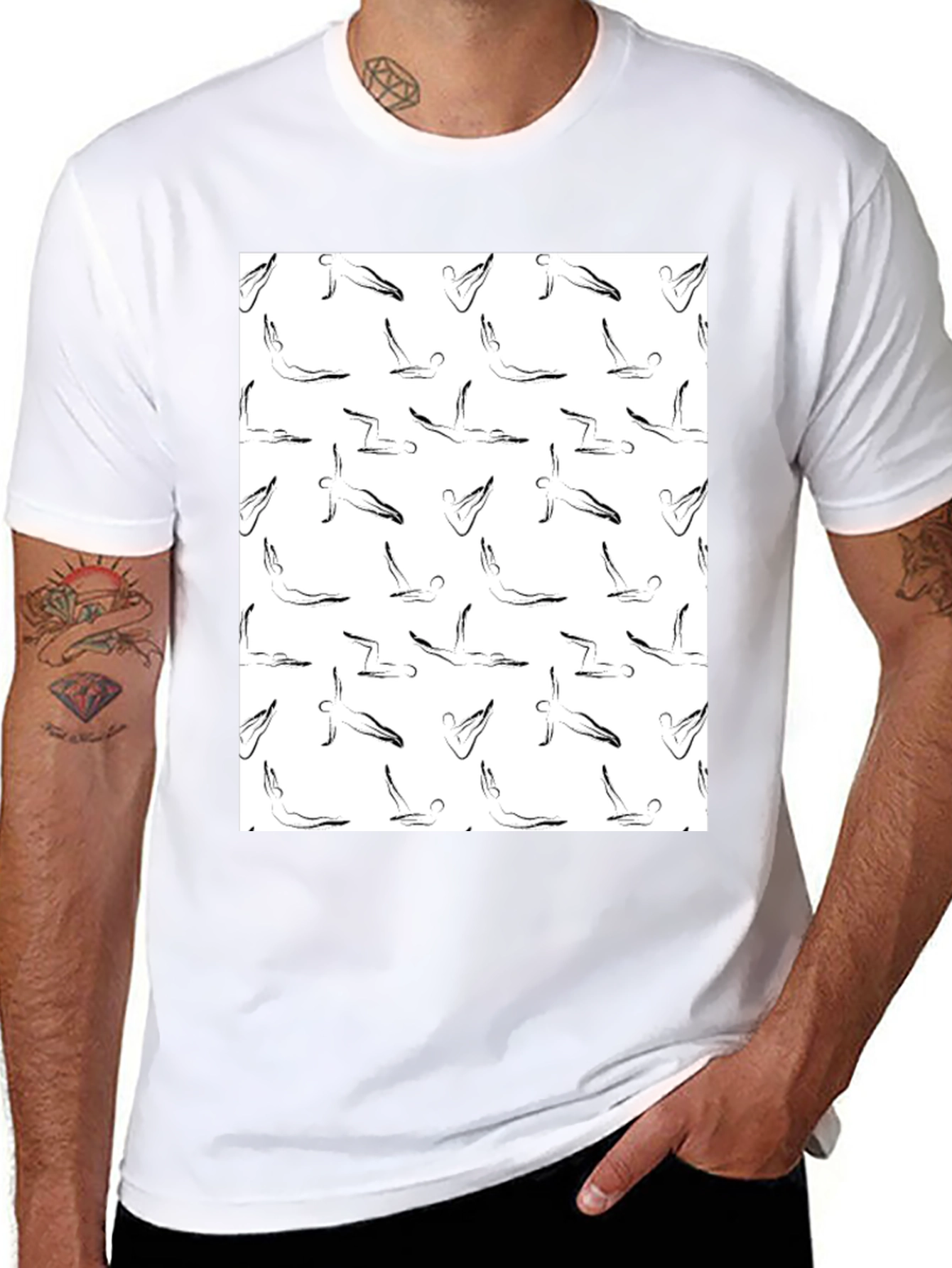 Yoga Pose Pattern T-Shirt - Black Cotton Tee