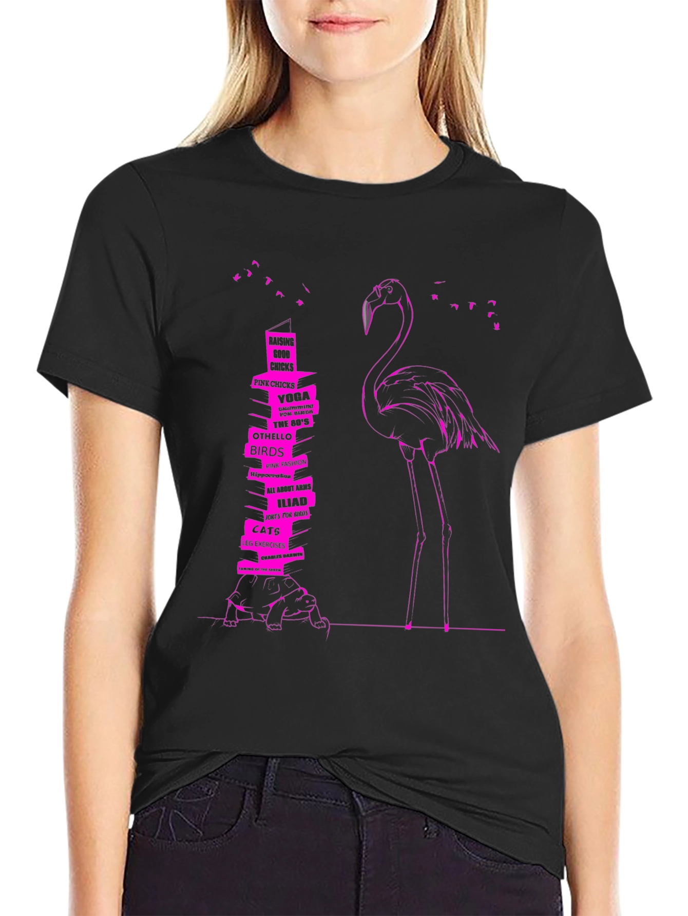 Flamingo & Book Stack Graphic Tee
