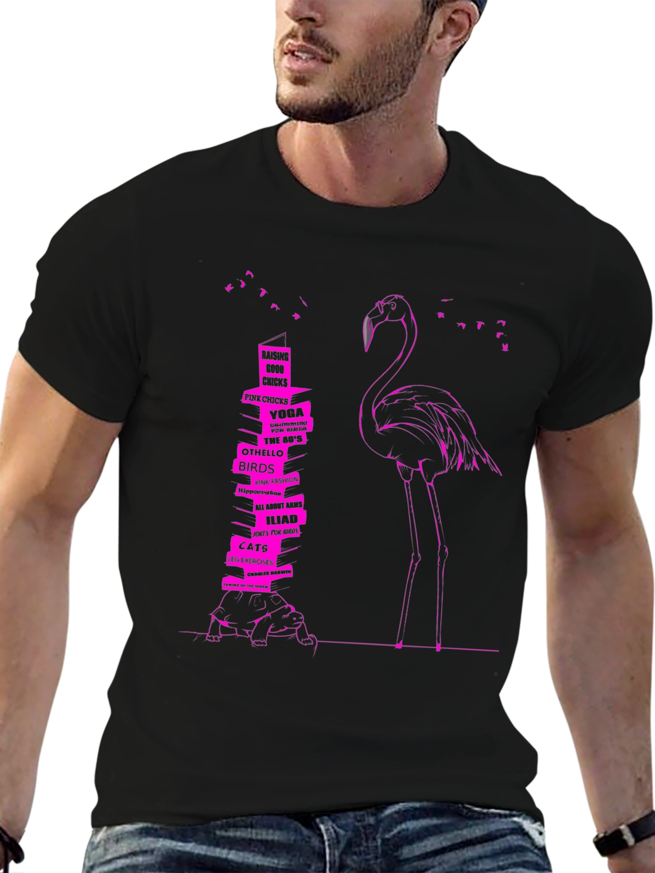 Flamingo & Book Stack Graphic Tee