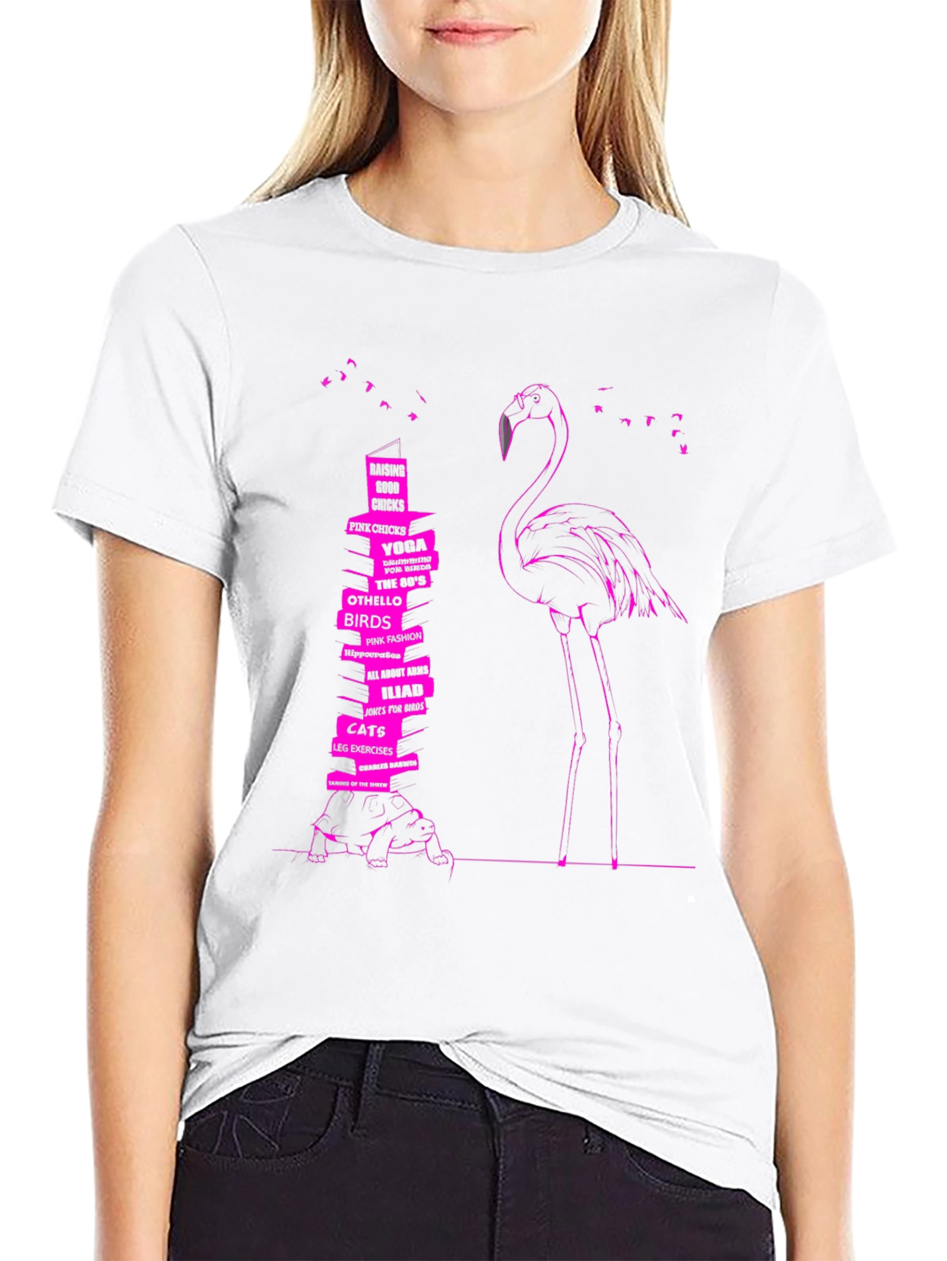Flamingo & Book Stack Graphic Tee