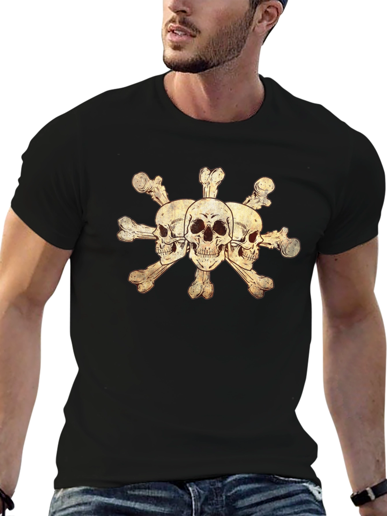 Skulls and Crossbones Graphic Tee - Black Cotton Blend