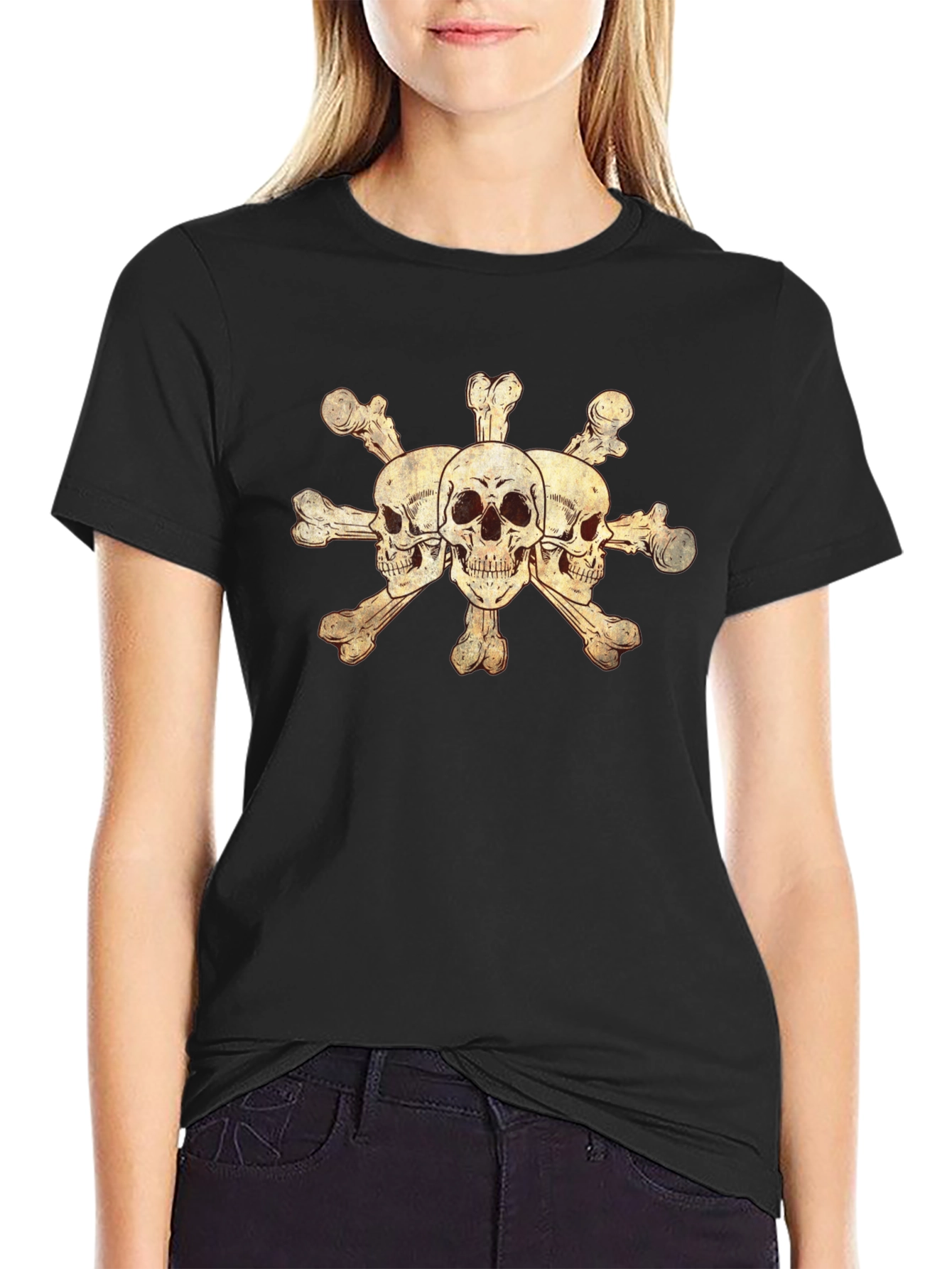 Skulls and Crossbones Graphic Tee - Black Cotton Blend