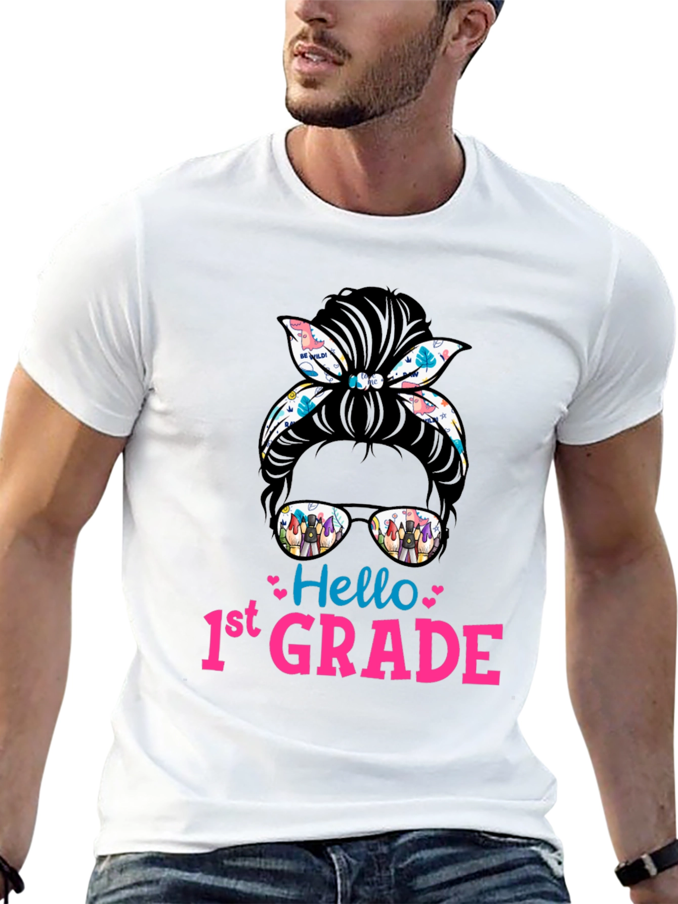 Hello 1st Grade Messy Bun T-Shirt