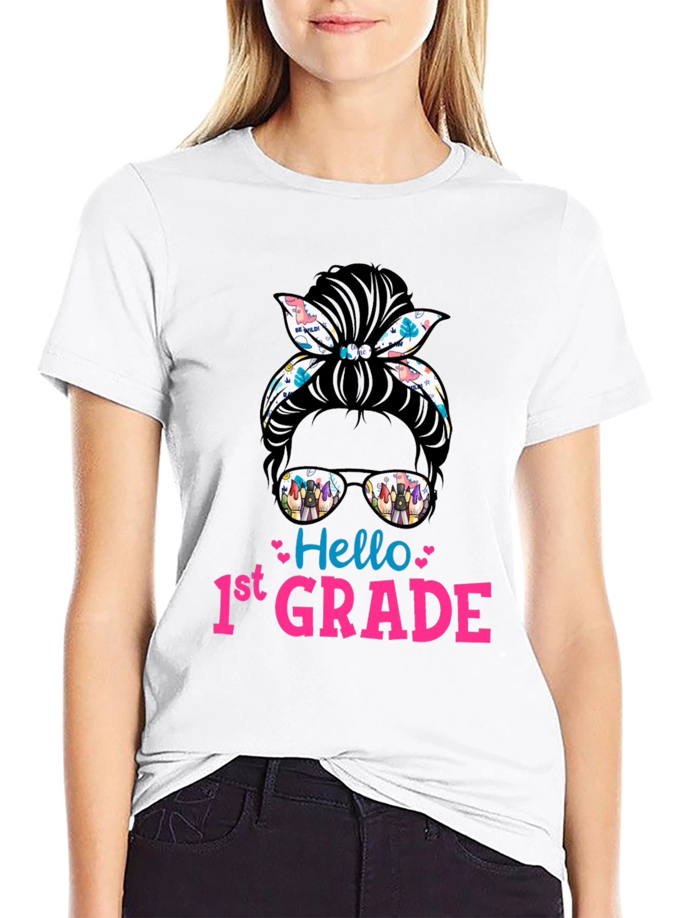 Hello 1st Grade Messy Bun T-Shirt